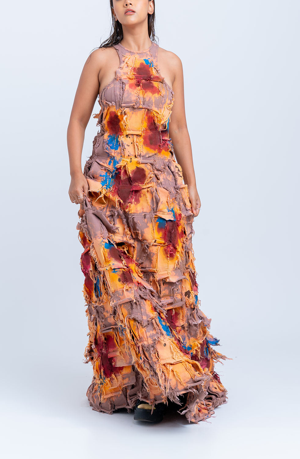 Handcrafted 1000 Panel Blood Washed Dress (Beige)