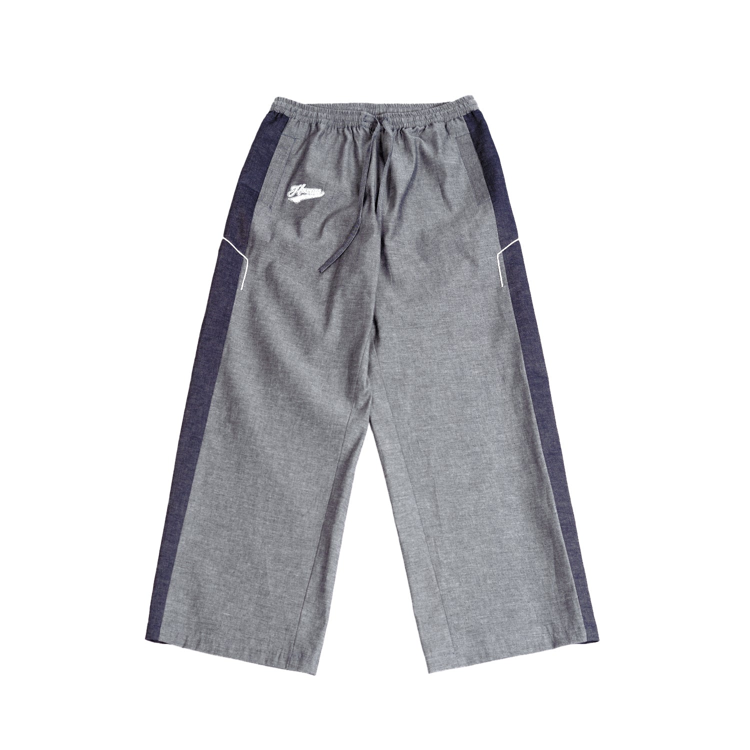 Embroidered denim trackpant with panelled detail (Indigo)