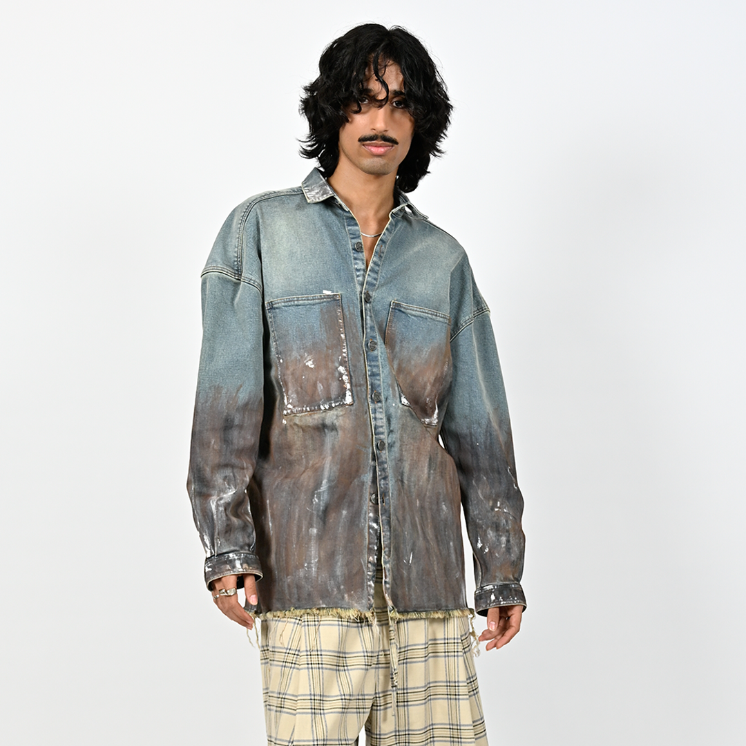 Oversized unisex denim shirt  with hand-painted whitewash surface (Indigo)