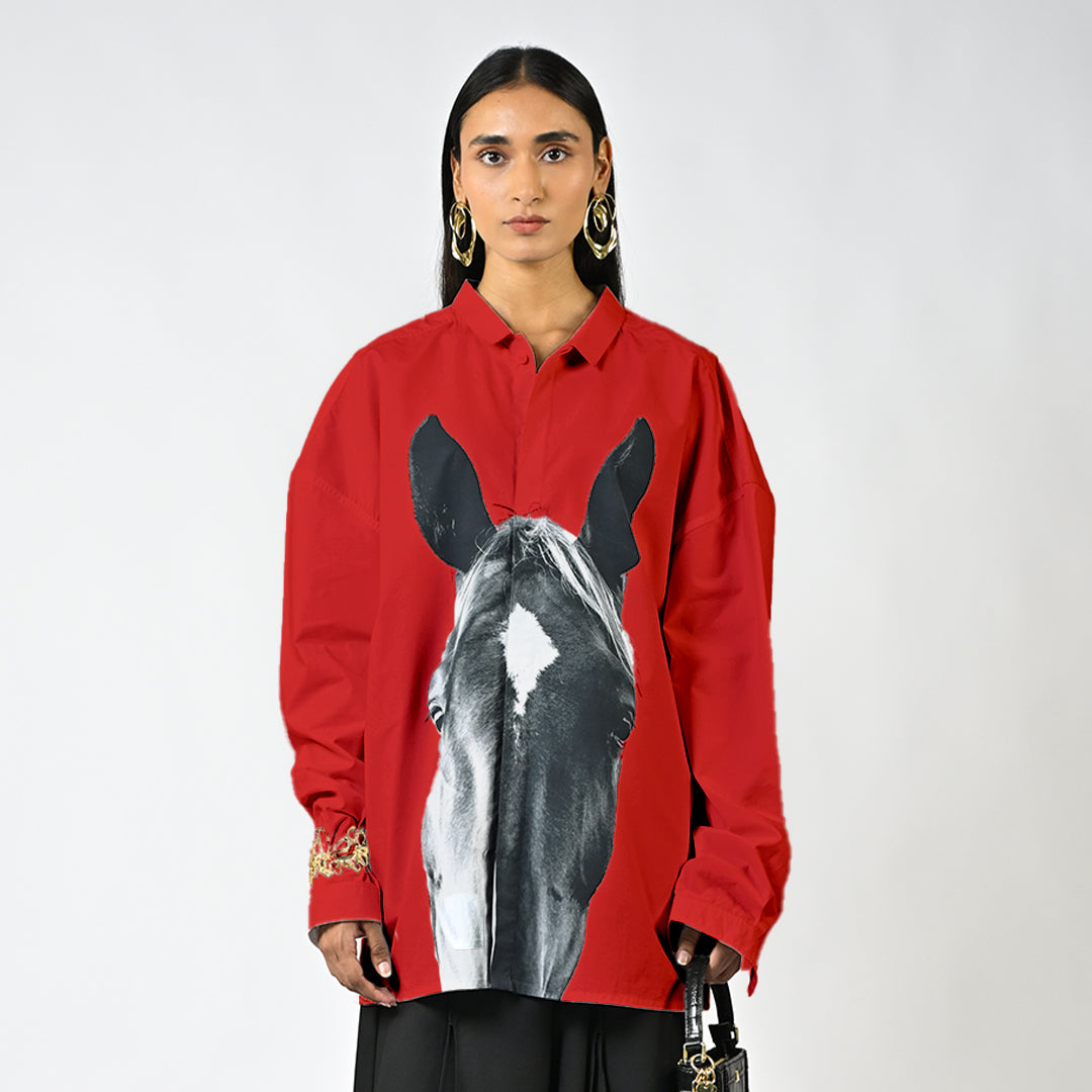 Horse printed cotton shirt - Iconic Red