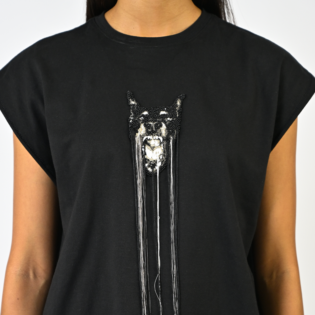 Hand-embroidered canine top with hanging silk threads (Women's) - Black