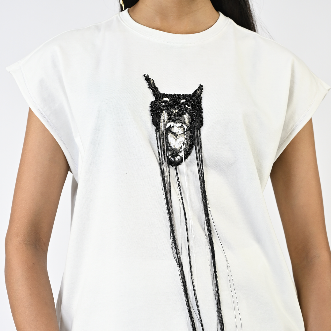 Hand-embroidered canine top with hanging silk threads (Women's) - White