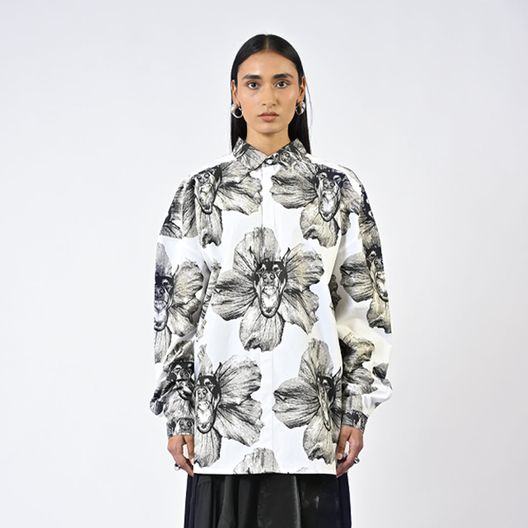 Canine printed oversized cotton shirt - White