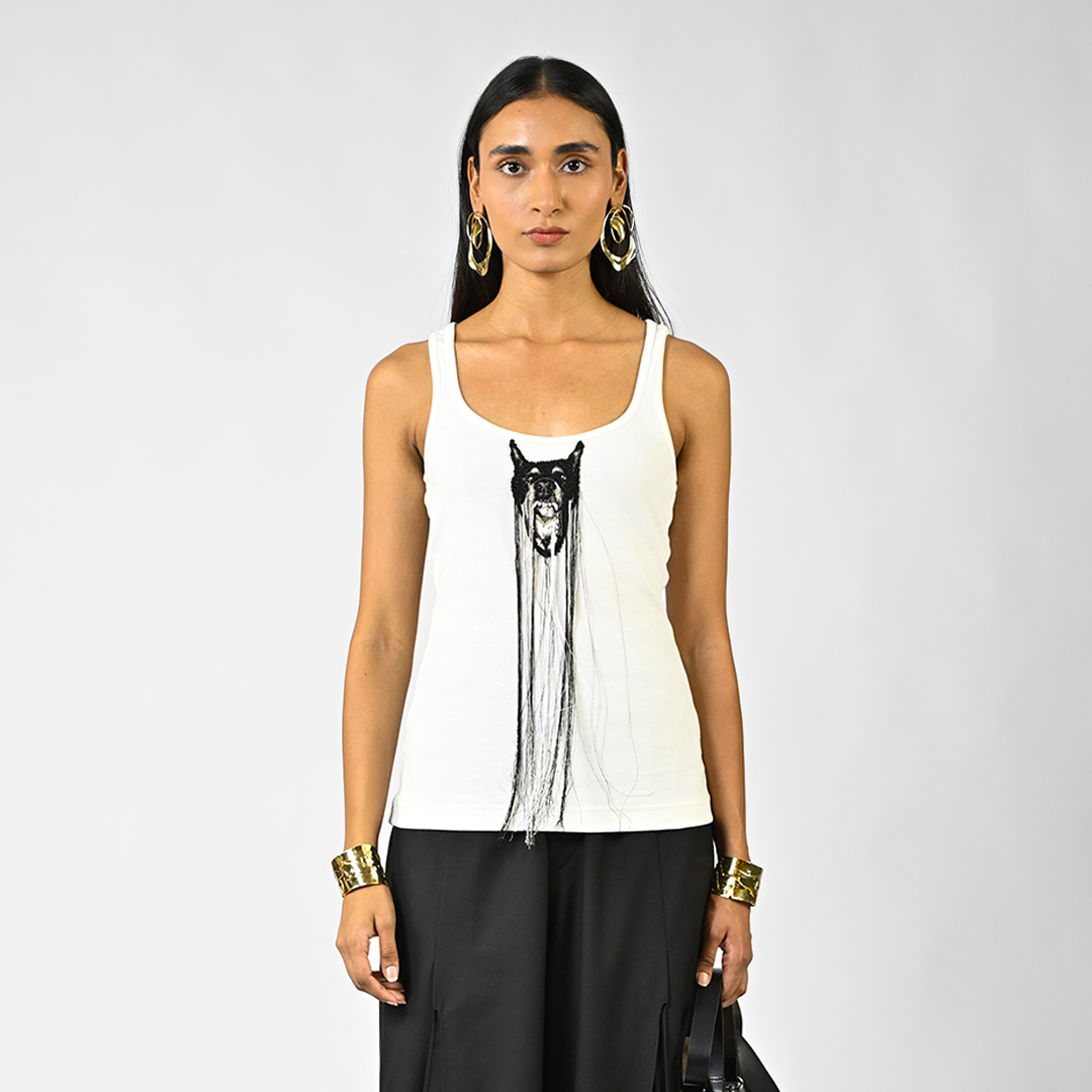 HUEMN Hand-embroidered canine white vest with hanging silk threads (Women's)