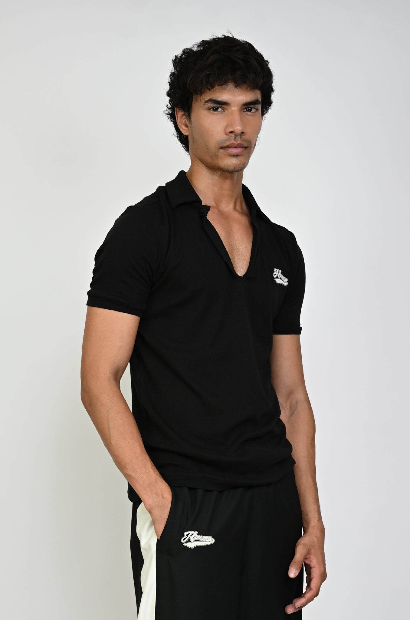 Polo T-shirt with deconstructed detail (Men's)-Black