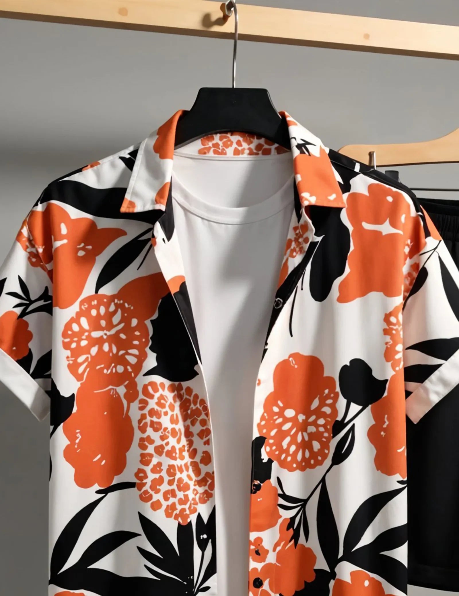 Men's Bold Orange Flower Print Shirt & Shorts Set – Summer Casual 2-Piece Beachwear Outfit - Prime Fitz
