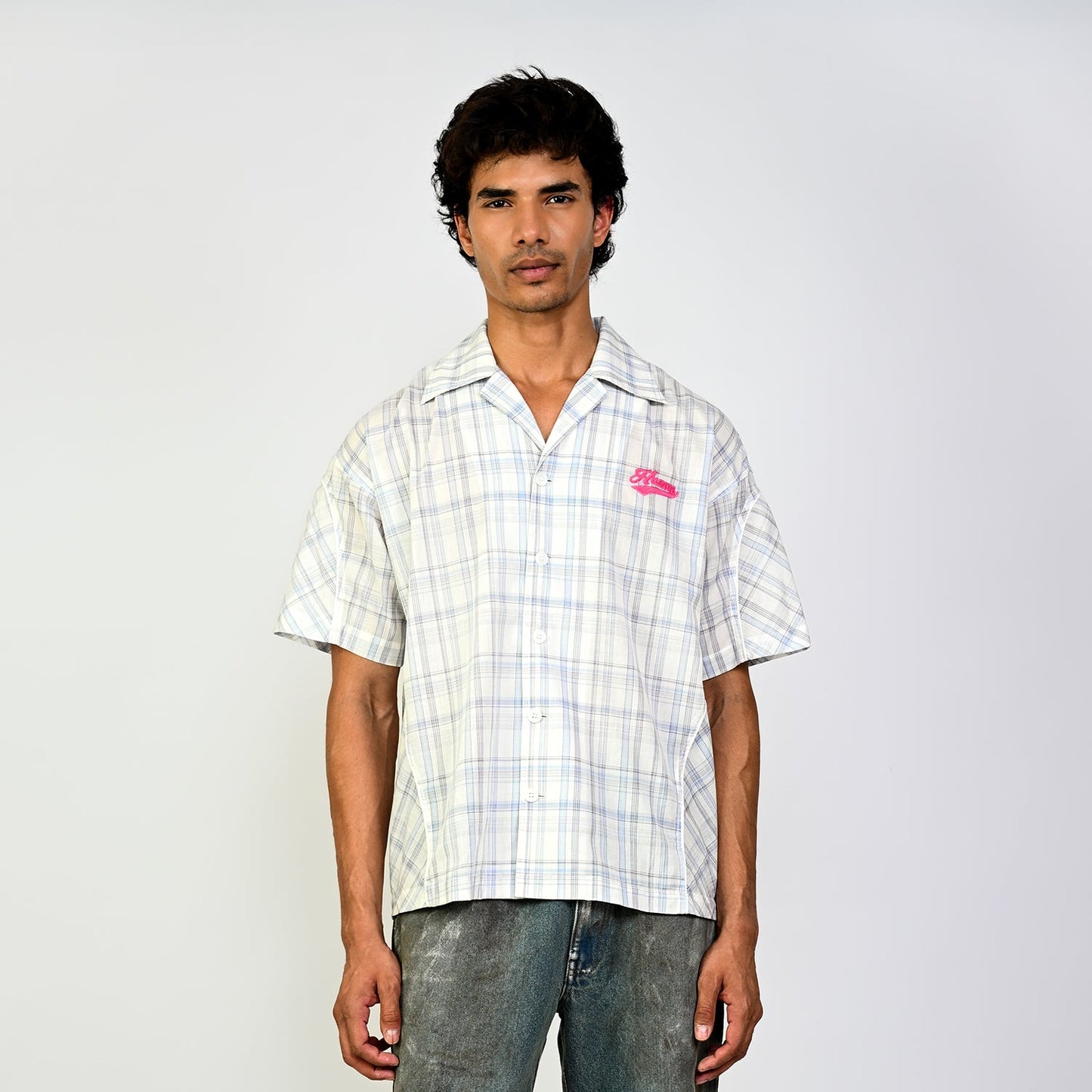Contrast panelled safari shirt in checkered pattern