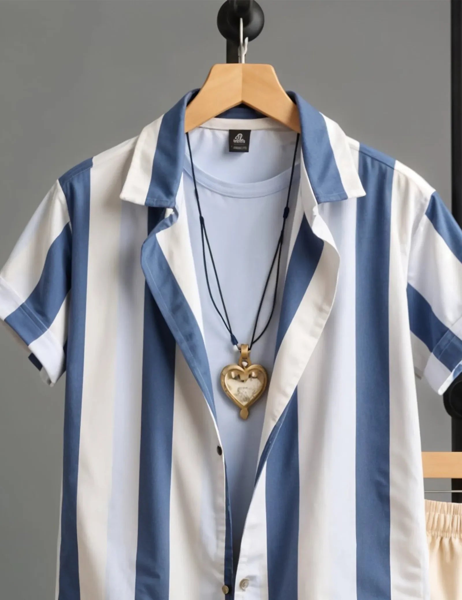 Men's Blue & White Vertical Stripe Shirt with Beige Shorts – Casual Summer Outfit Set - Prime Fitz