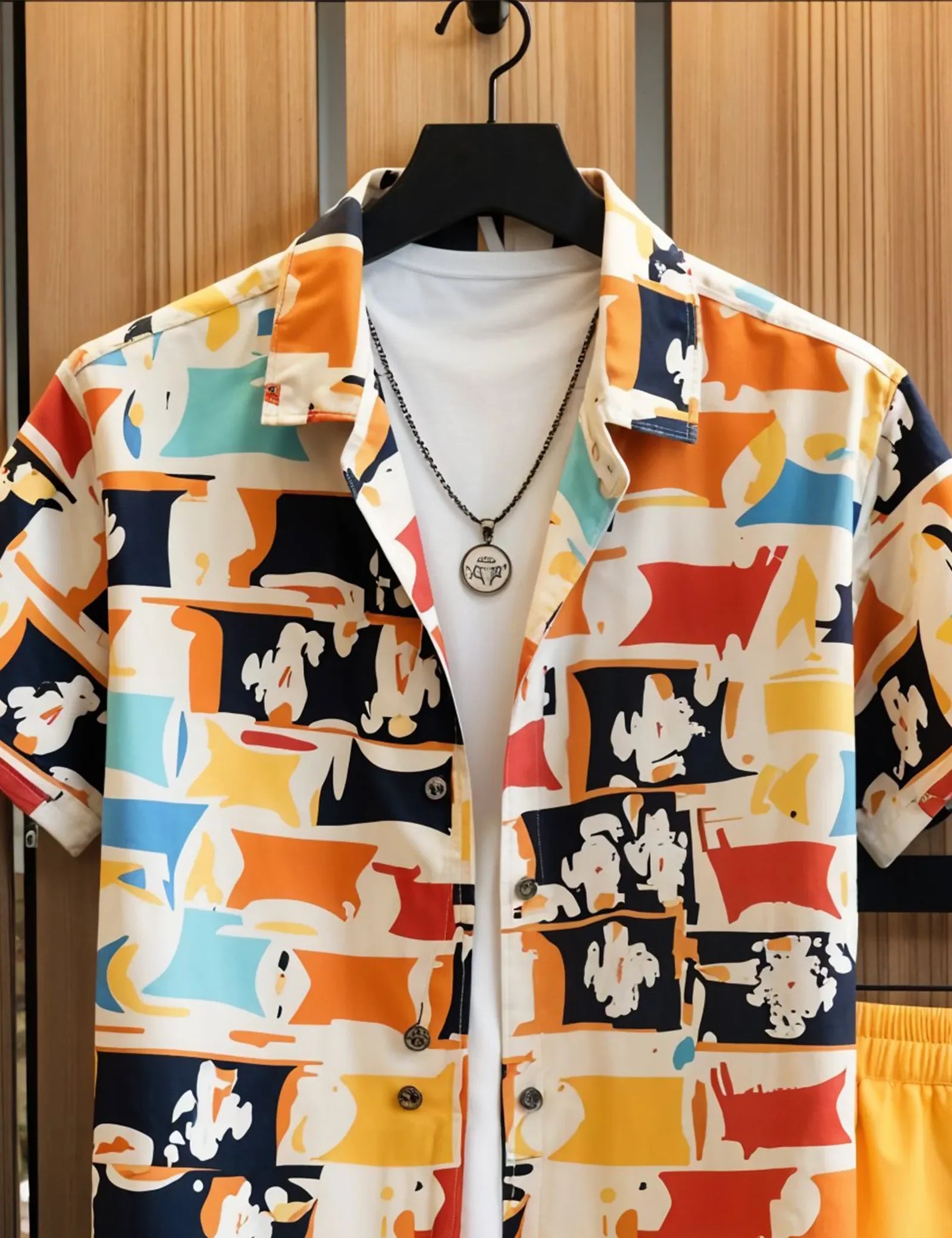 Men's Abstract Print Shirt and Yellow Shorts Set – Vibrant Summer Streetwear Outfit - Prime Fitz