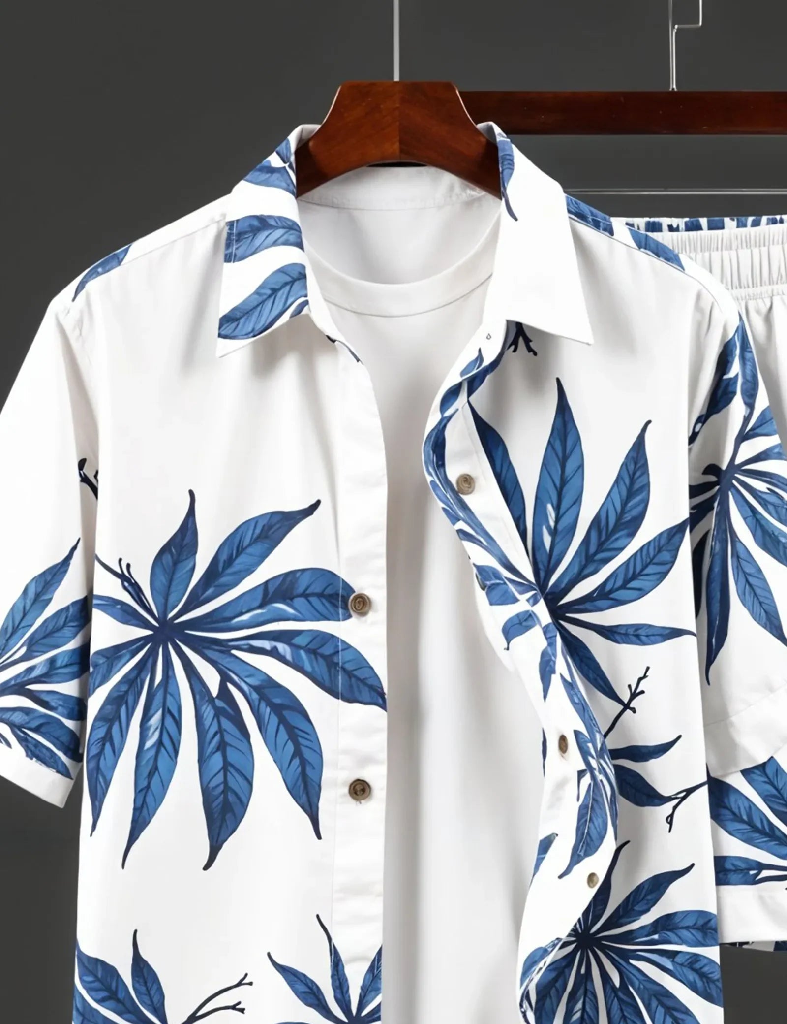 Men's Tropical Blue Leaf Print Shirt & Shorts Set – Stylish Summer Beachwear Outfit - Prime Fitz
