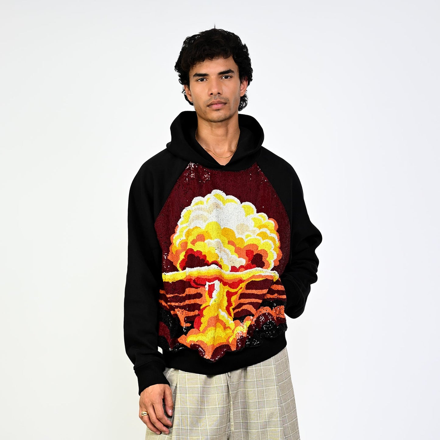 Hand embroidered sequined 'Visions' hoodie (Black)