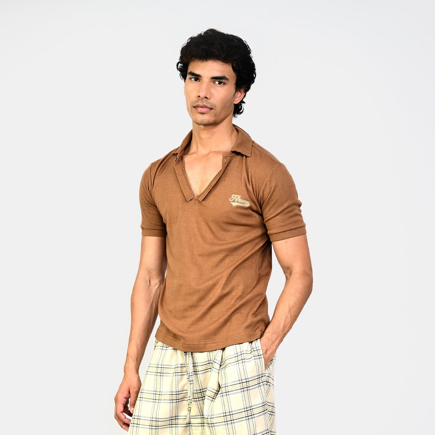 Polo T-shirt with deconstructed detail (Men's)-Brown