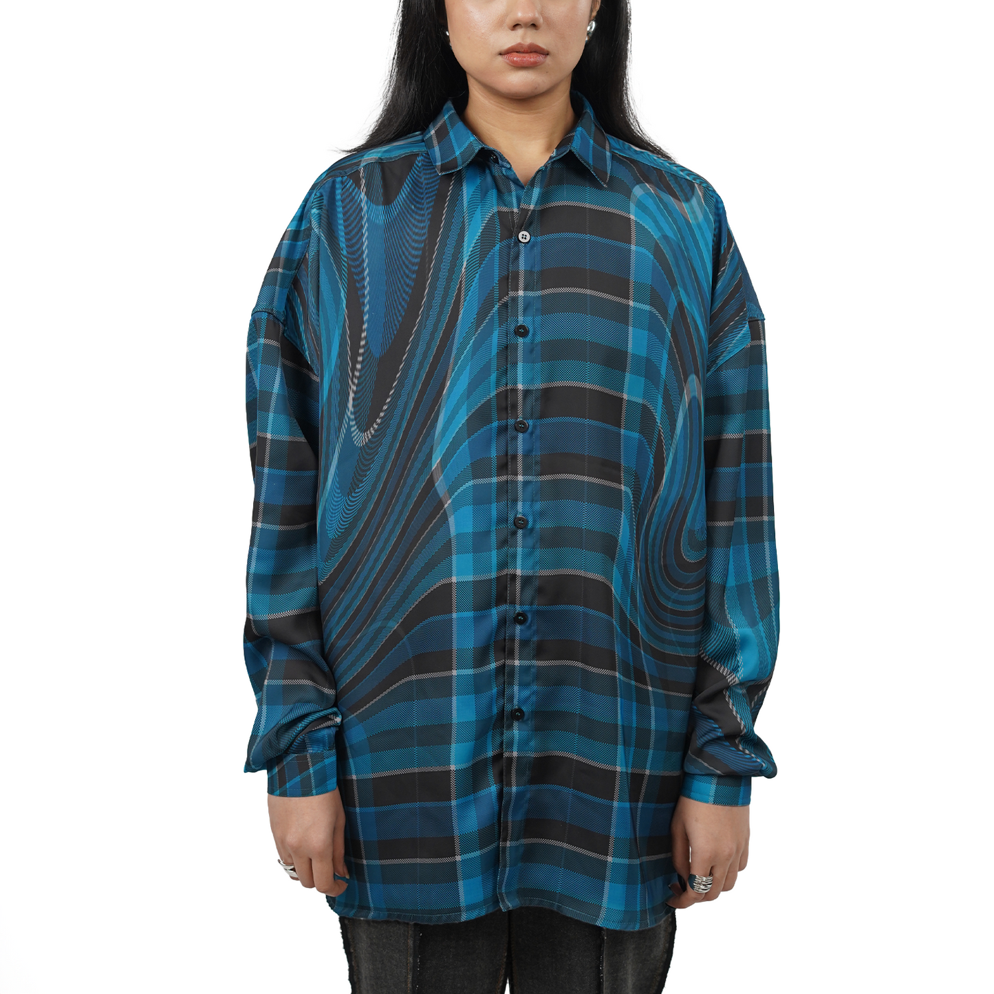 Oversized unisex shirt in madras checks pattern (Blue)