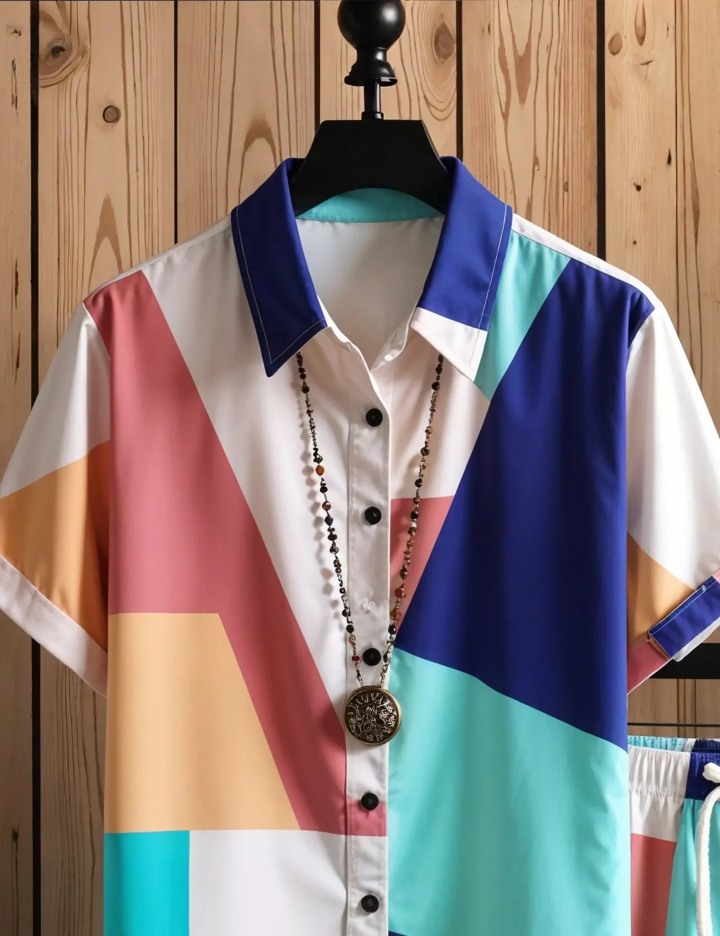Men's Color Block Short Sleeve Shirt & Shorts Set – Vibrant Geometric Summer Outfit - Prime Fitz