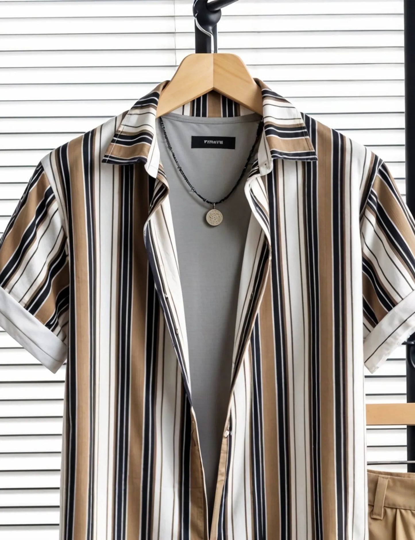 Men's Classic Striped Shirt & Khaki Shorts Set – Casual Summer Two-Piece Outfit - Prime Fitz