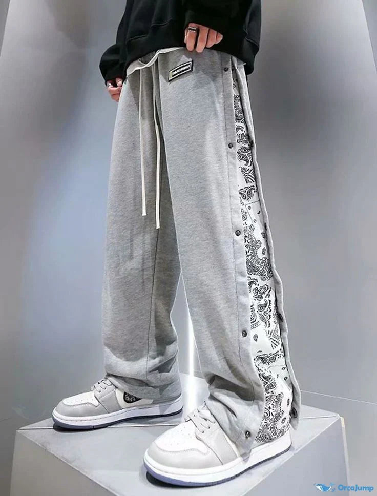 Vintage Wide-Leg Track Pants with Side Bandana Patch – Men's Streetwear Essential - Prime Fitz