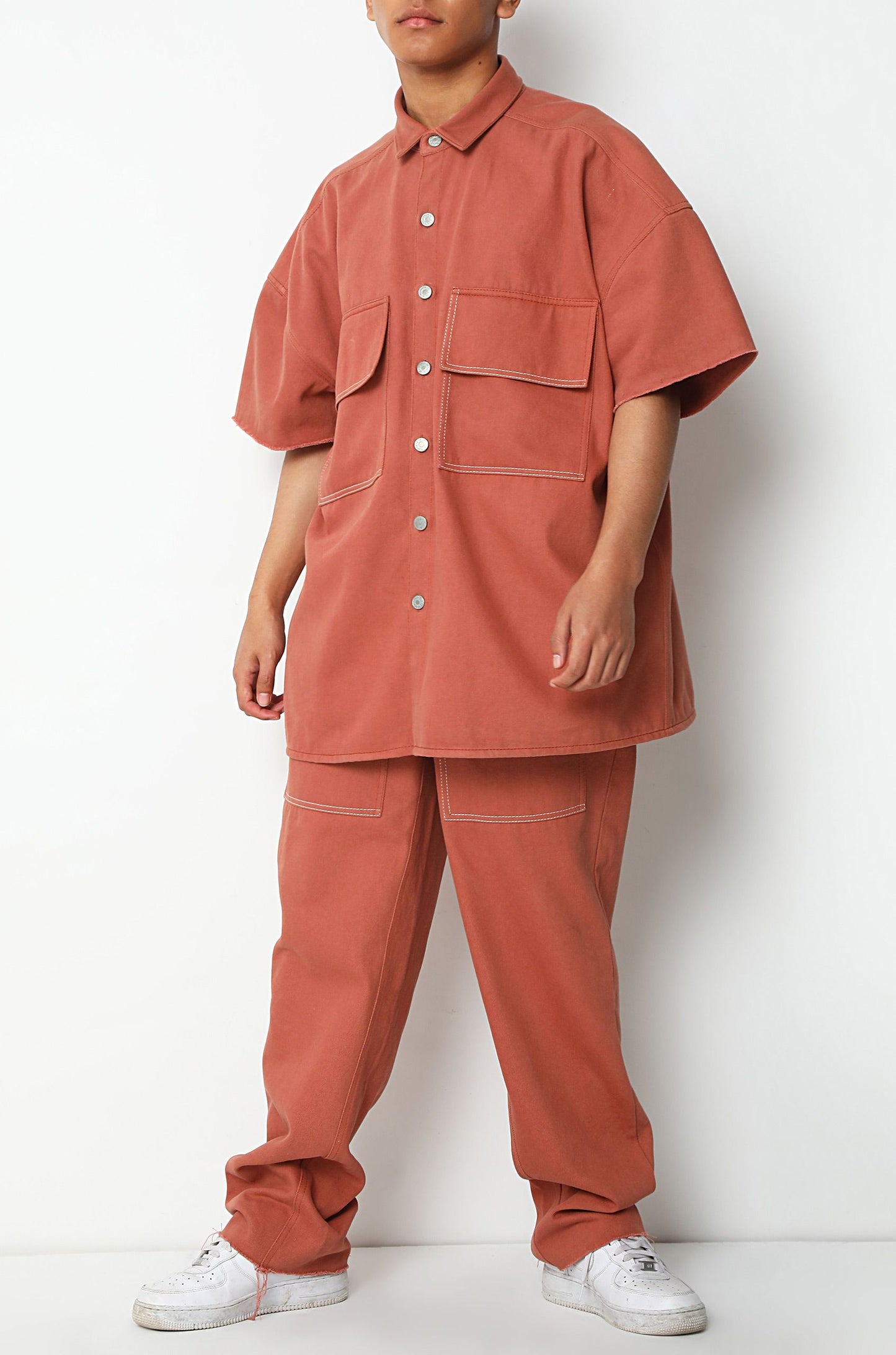 Denim Over-Shirt With Patched Pockets (Rust)