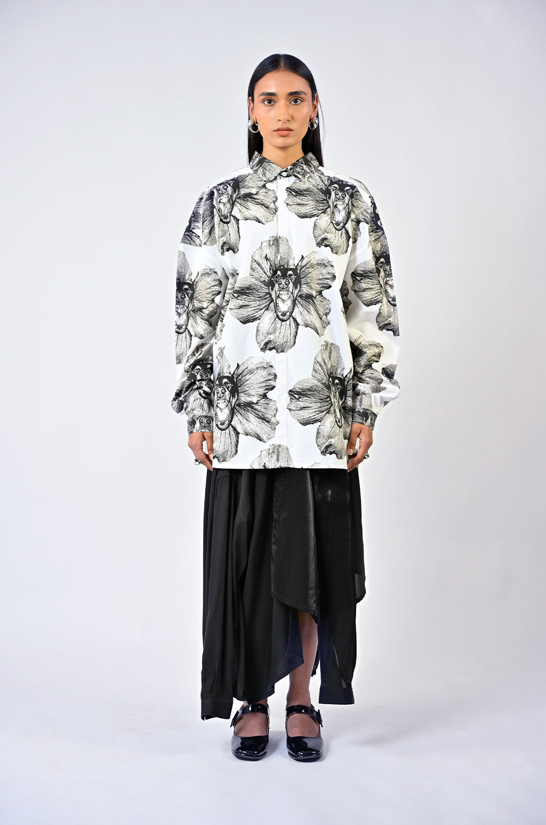 Canine printed oversized cotton shirt - White