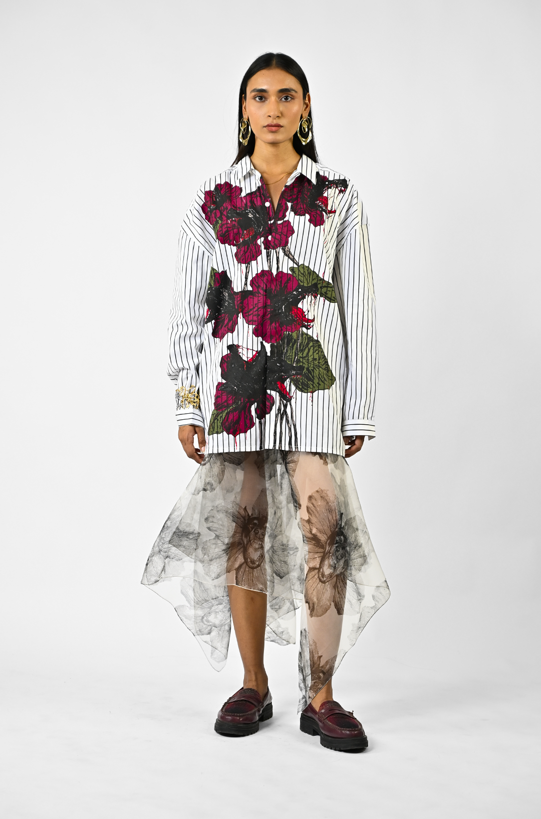 Fanged floral pinstriped cotton shirt