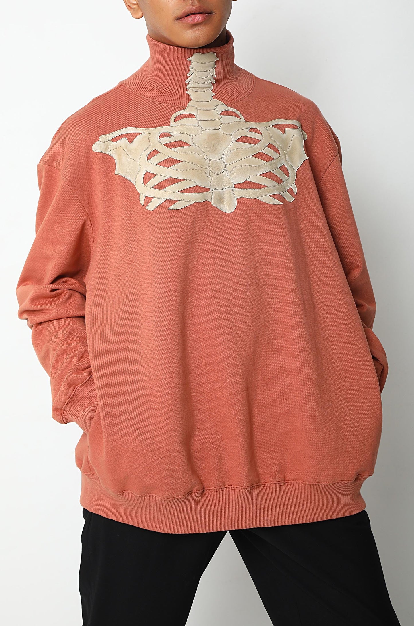 Turtleneck Sweatshirt With Leather Ribcage