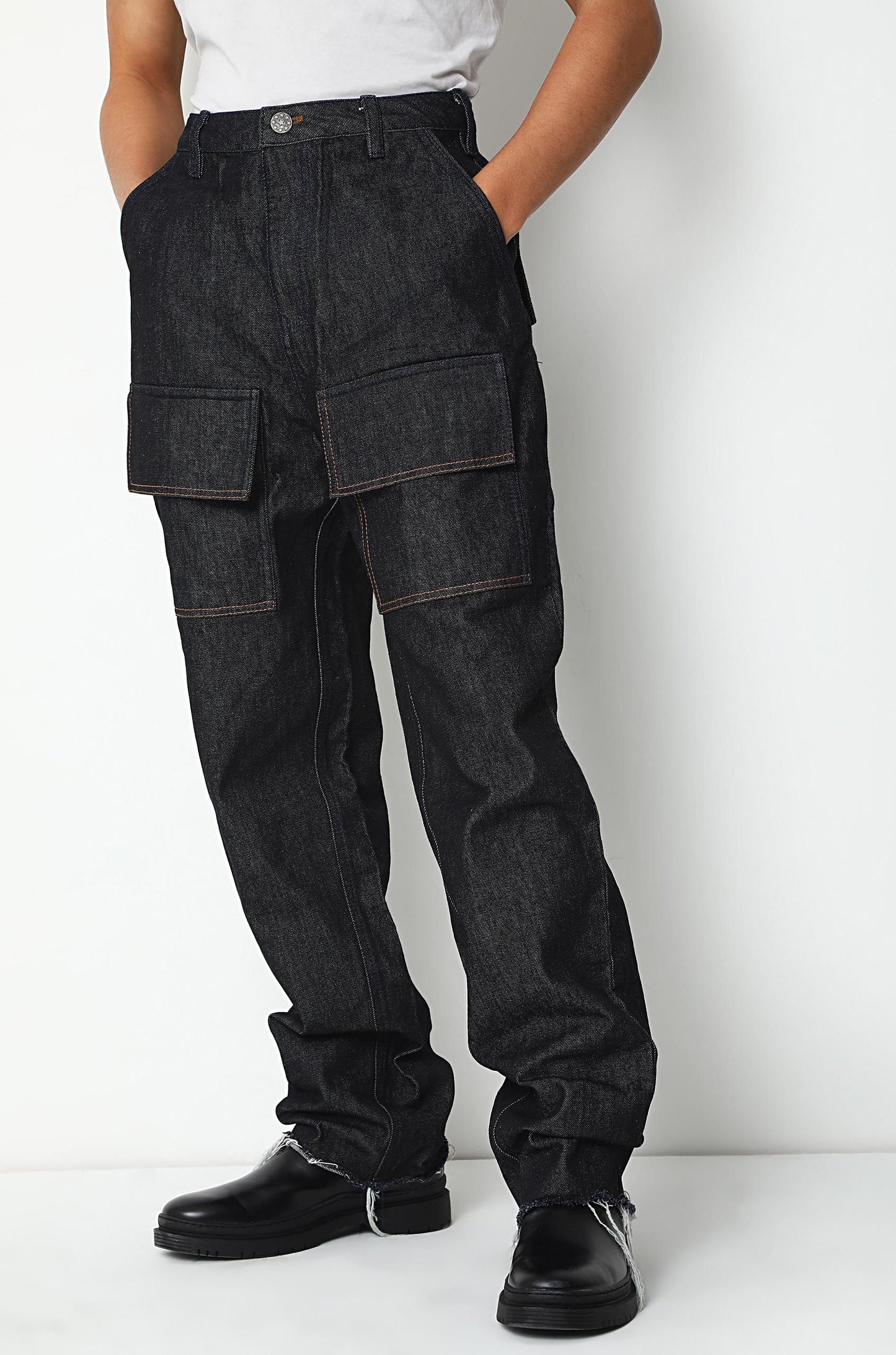 Dark Washed Huemn Jeans With Oversized Patch Pockets