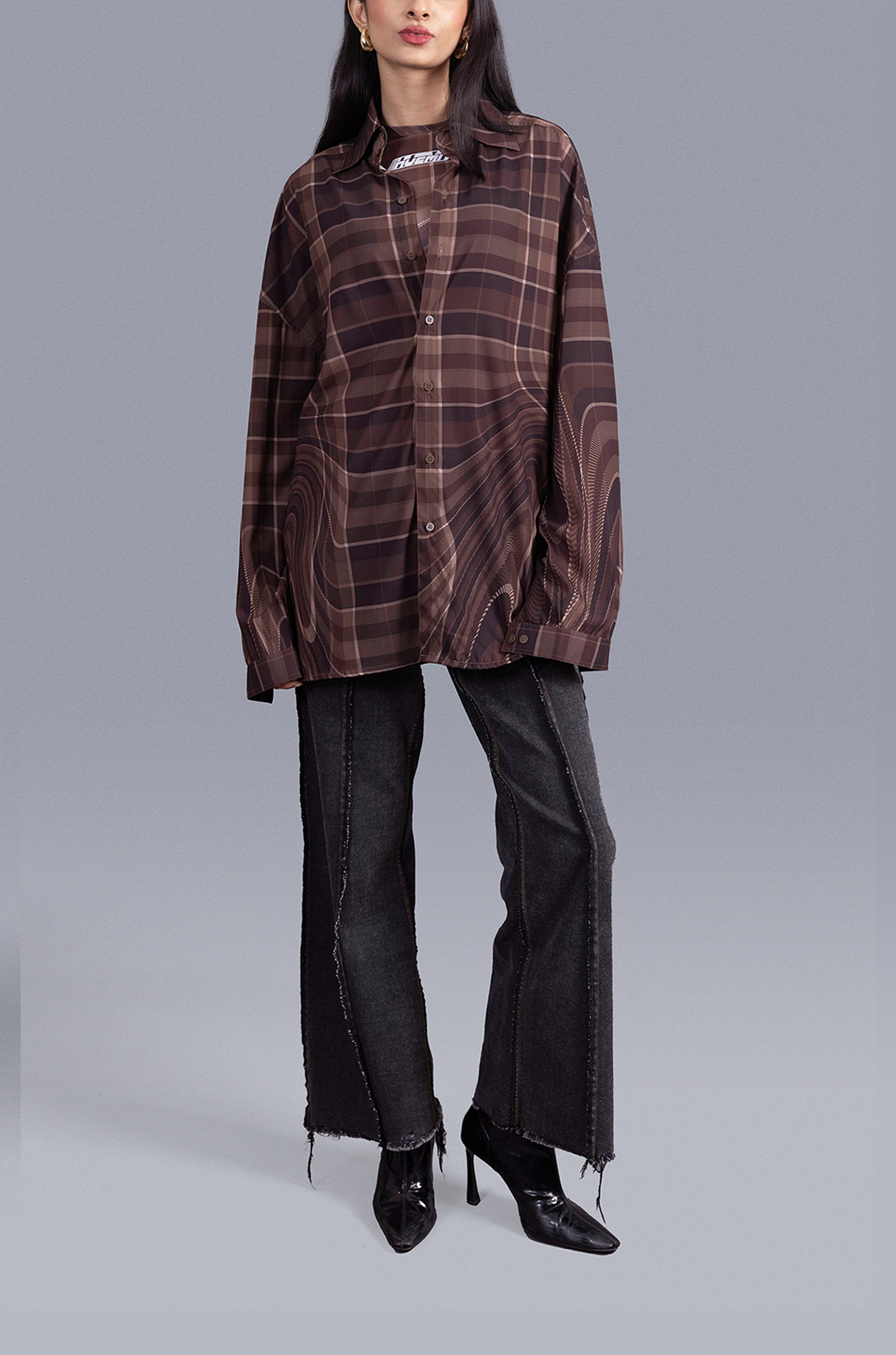Oversized unisex shirt in madras checks pattern (Brown)