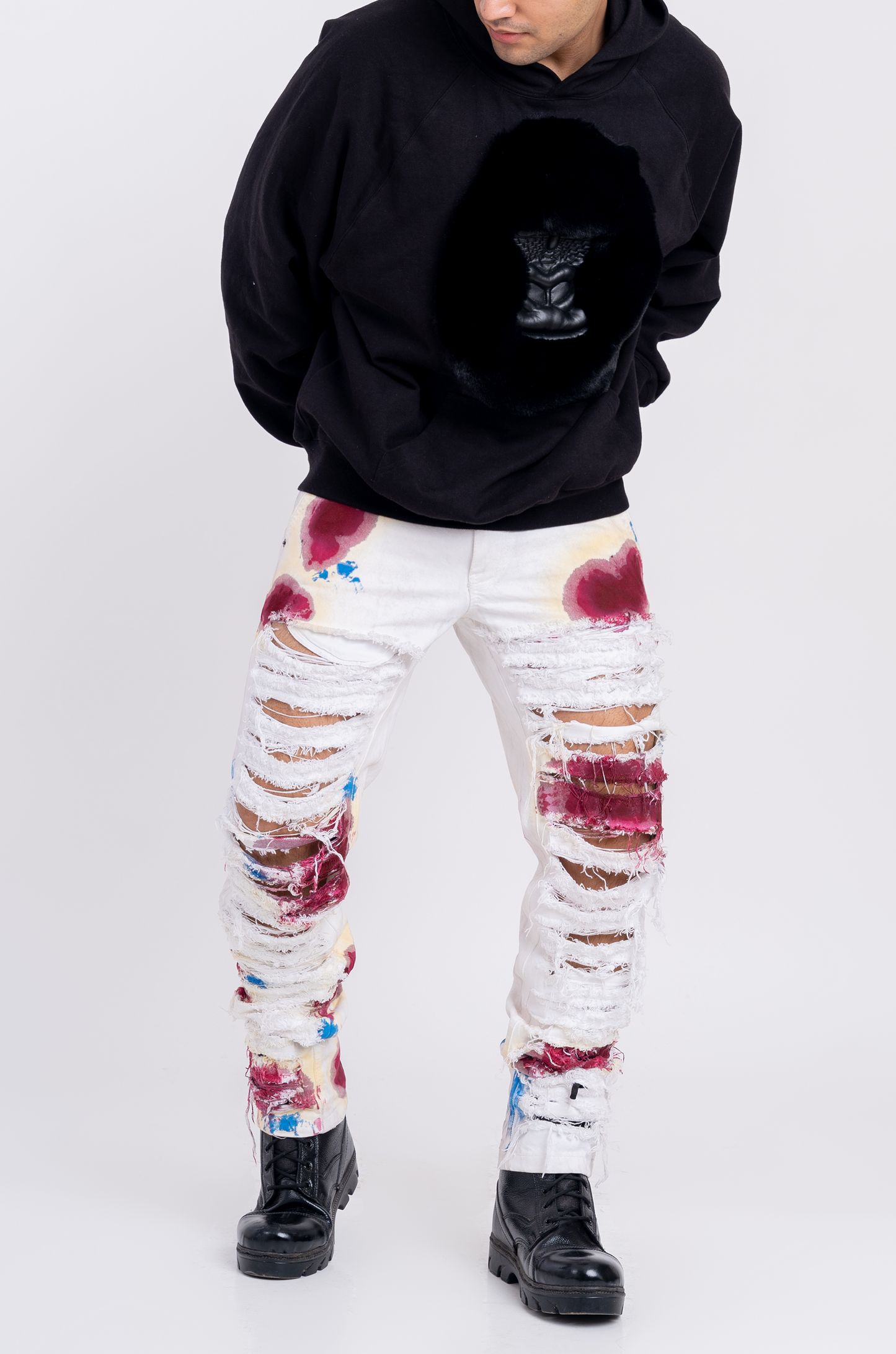 Huemn Blood Washed Slit And Frayed Denim (White)