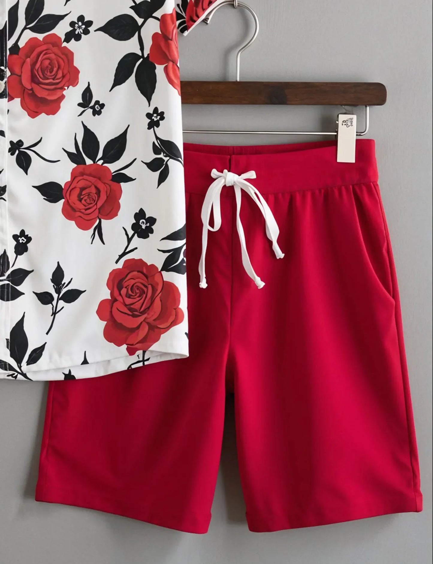 Men's Red Rose Floral Print Shirt & Shorts Set – Casual Summer 2-Piece Outfit - Prime Fitz