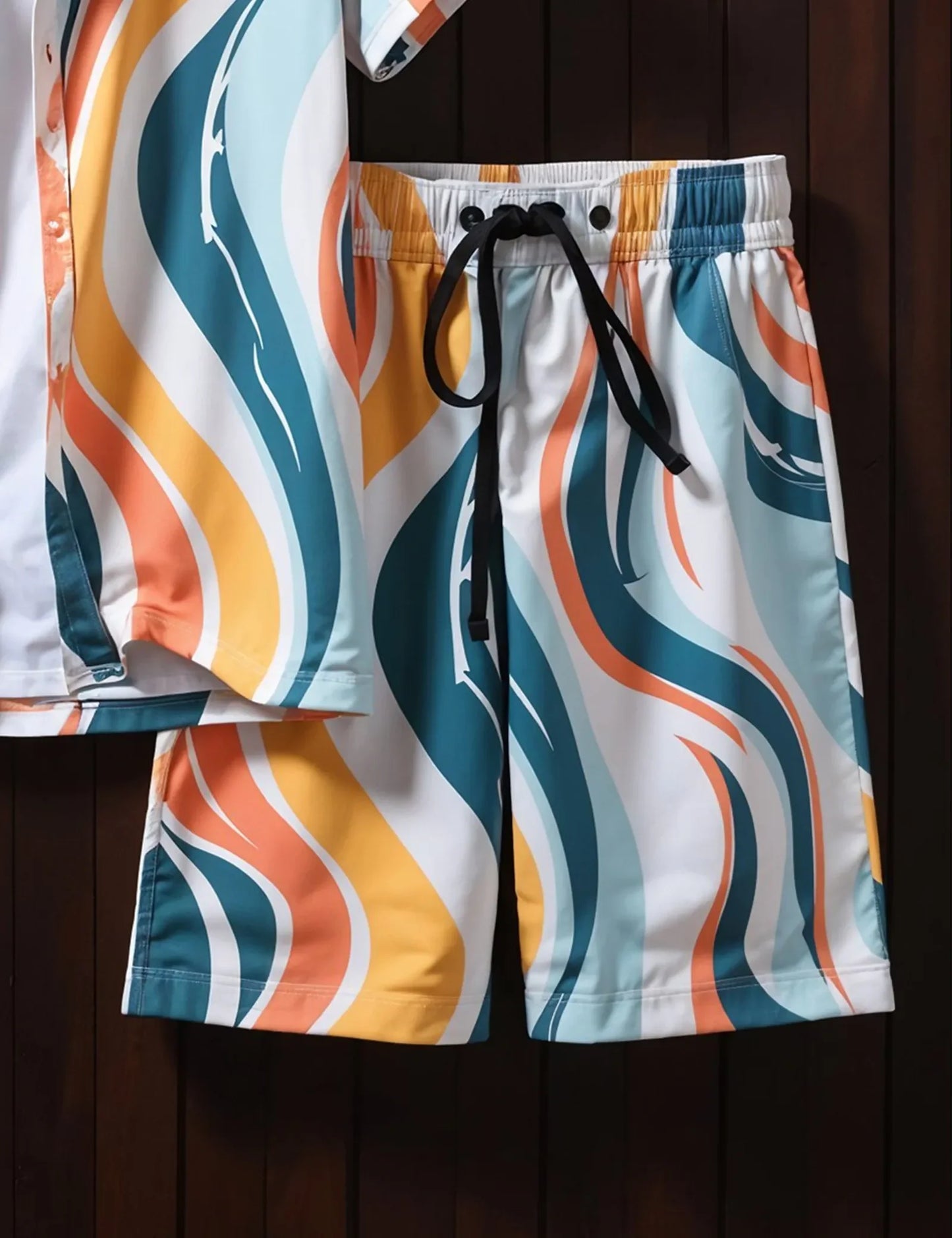 Men's Retro Wave Print Summer Set – Short Sleeve Shirt & Drawstring Shorts - Prime Fitz