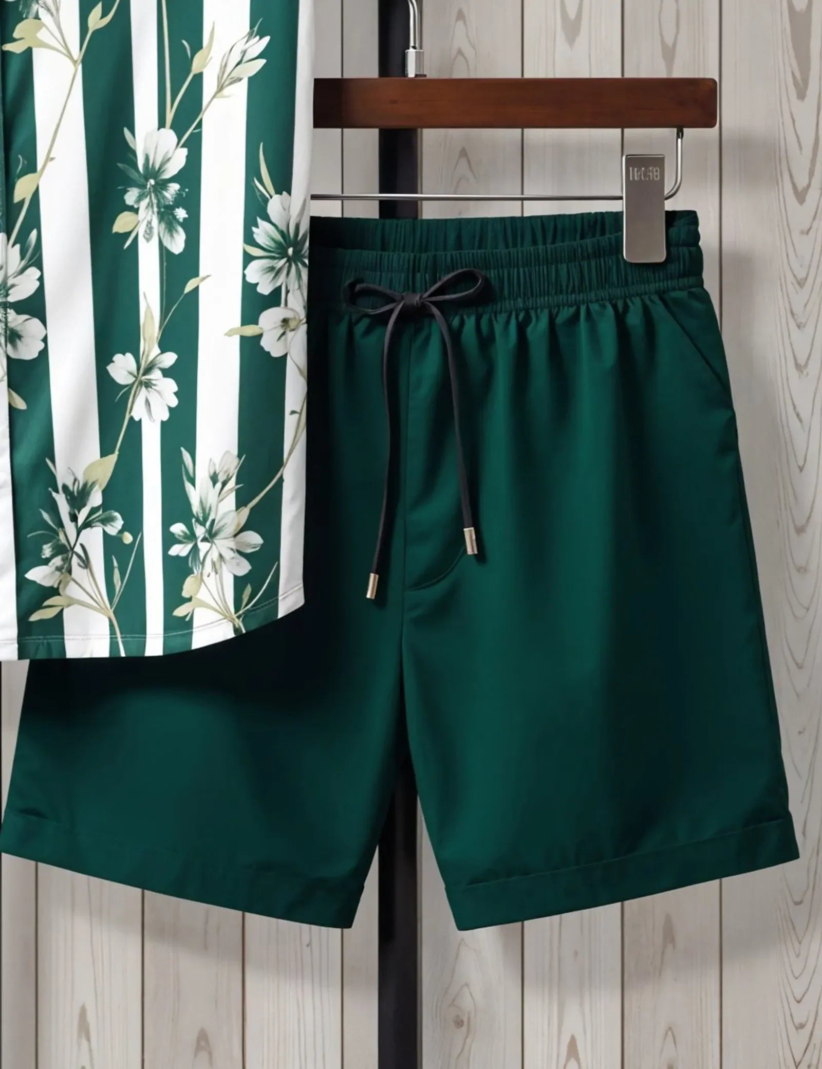 Men's Green Striped Floral Shirt & Shorts Set – Casual Summer Two-Piece Outfit - Prime Fitz