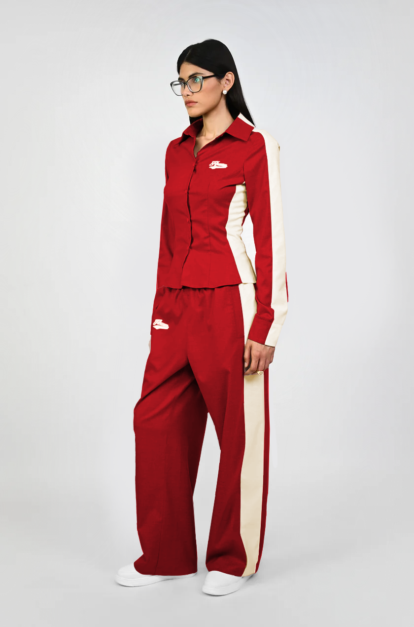Embroidered trackpant with panelled detail (Red)