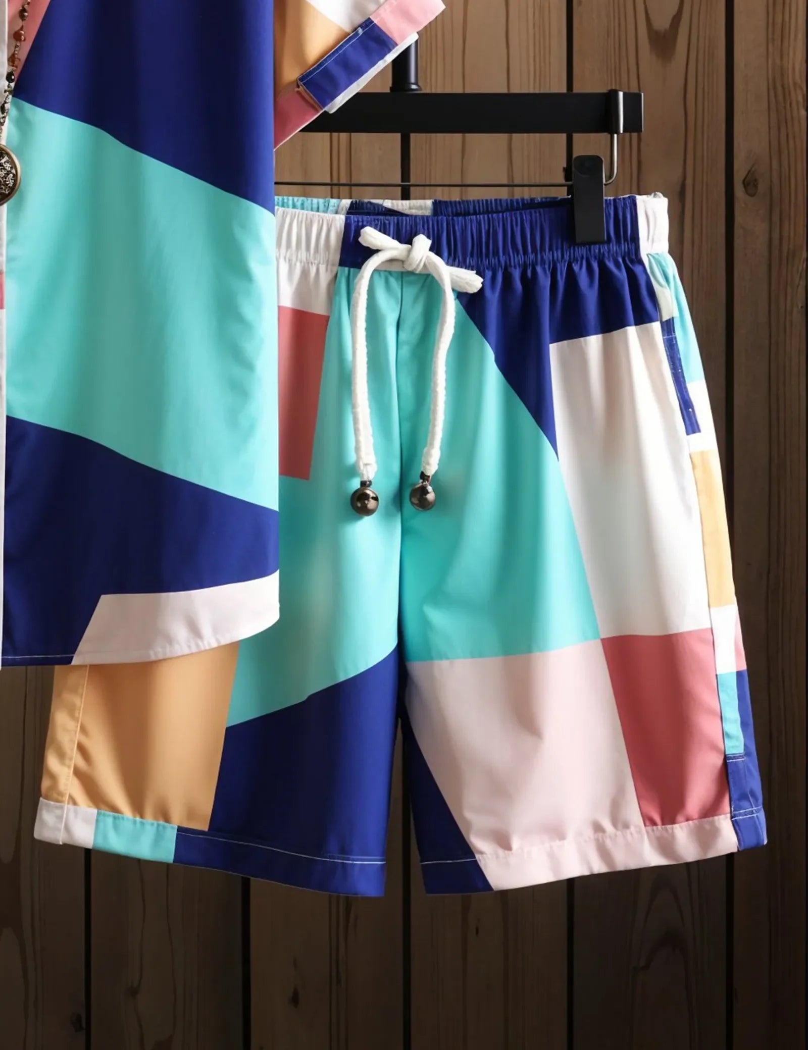 Men's Color Block Short Sleeve Shirt & Shorts Set – Vibrant Geometric Summer Outfit - Prime Fitz