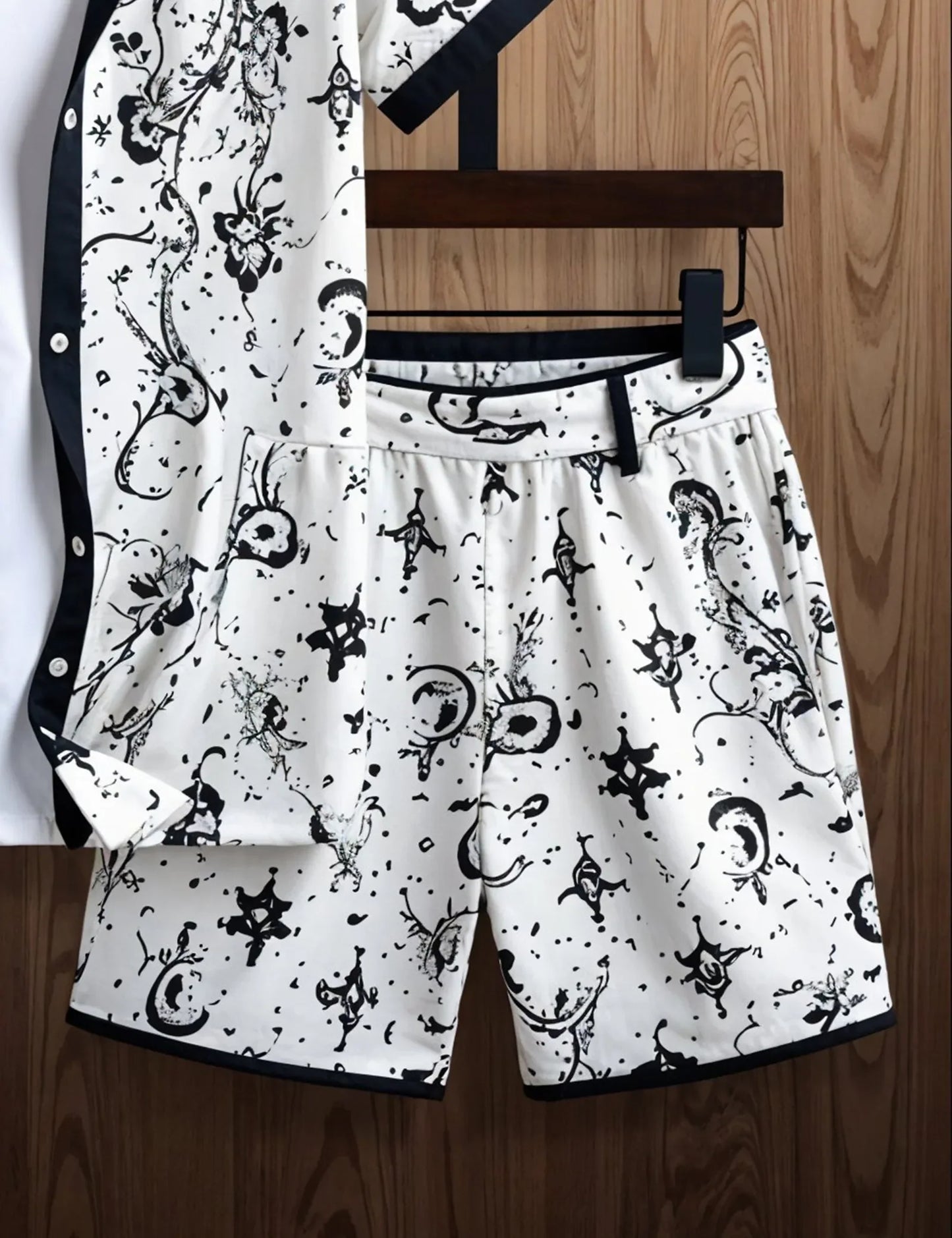Men's Monochrome Artistic Print Shirt & Shorts Set – Stylish Summer 2-Piece Outfit - Prime Fitz