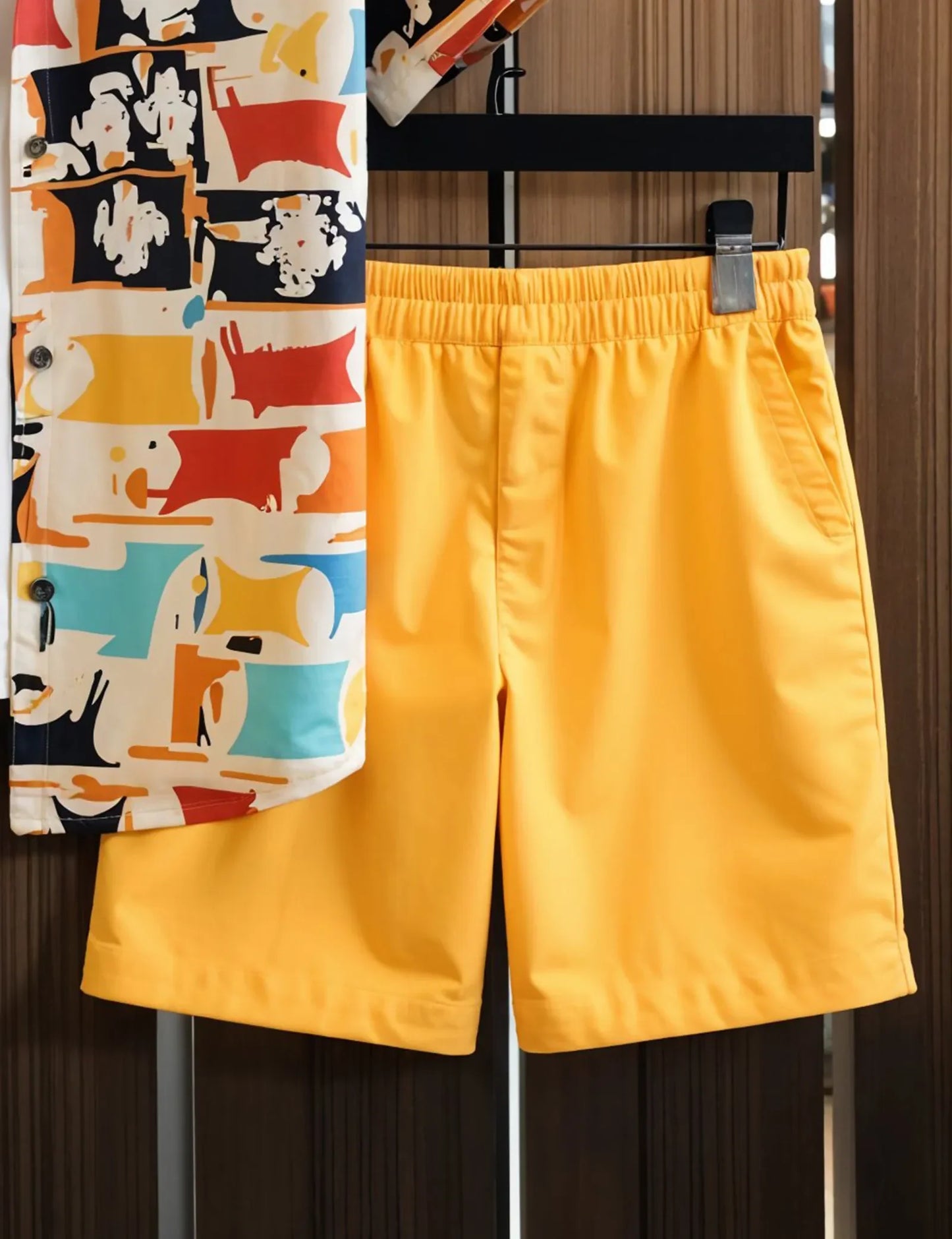 Men's Abstract Print Shirt and Yellow Shorts Set – Vibrant Summer Streetwear Outfit - Prime Fitz