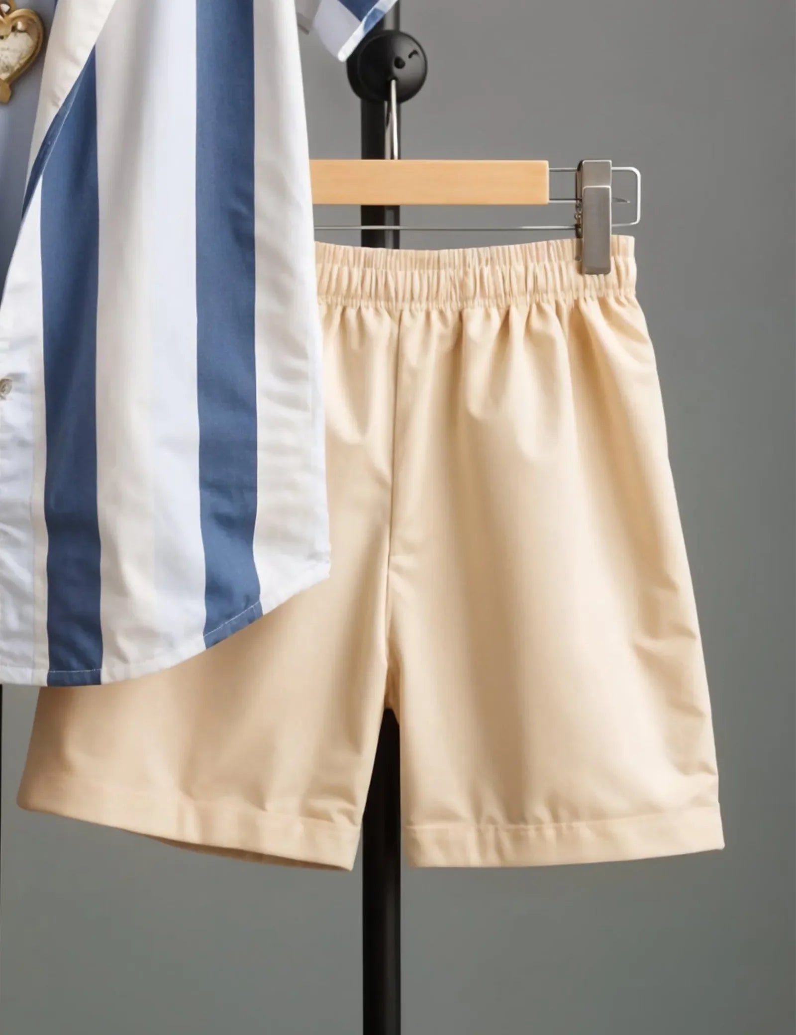 Men's Blue & White Vertical Stripe Shirt with Beige Shorts – Casual Summer Outfit Set - Prime Fitz