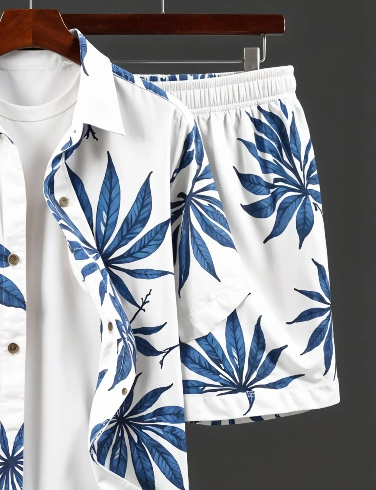 Men's Tropical Blue Leaf Print Shirt & Shorts Set – Stylish Summer Beachwear Outfit - Prime Fitz