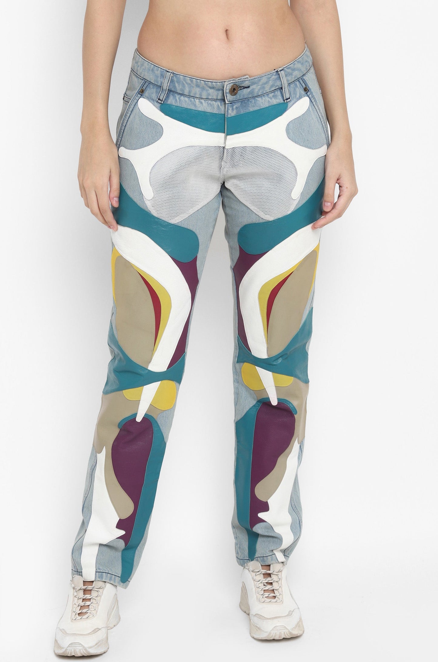 Panelled Multi-Material Jeans (Light Washed Blue)