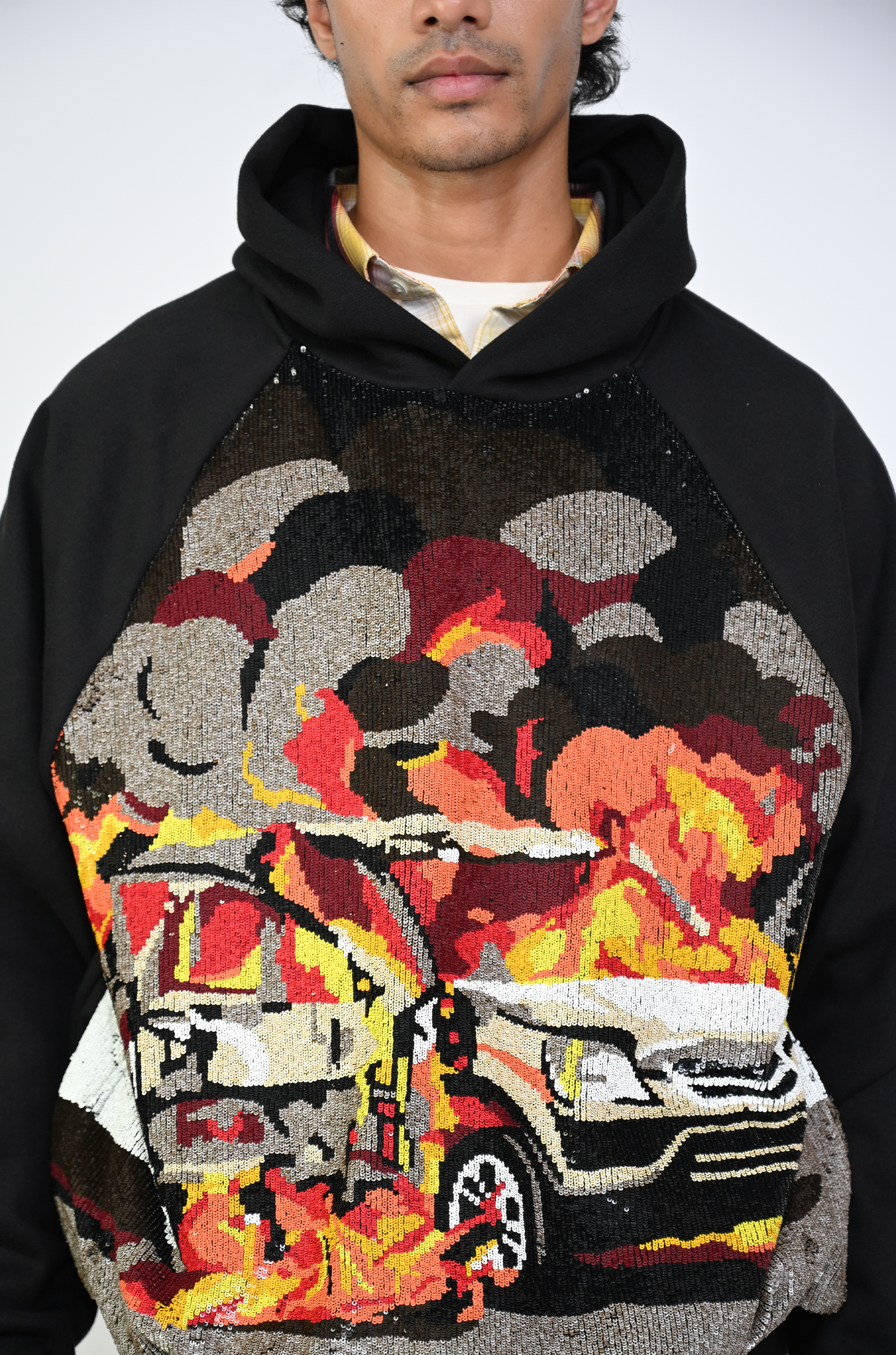Hand embroidered sequined 'On fire' hoodie (Black)