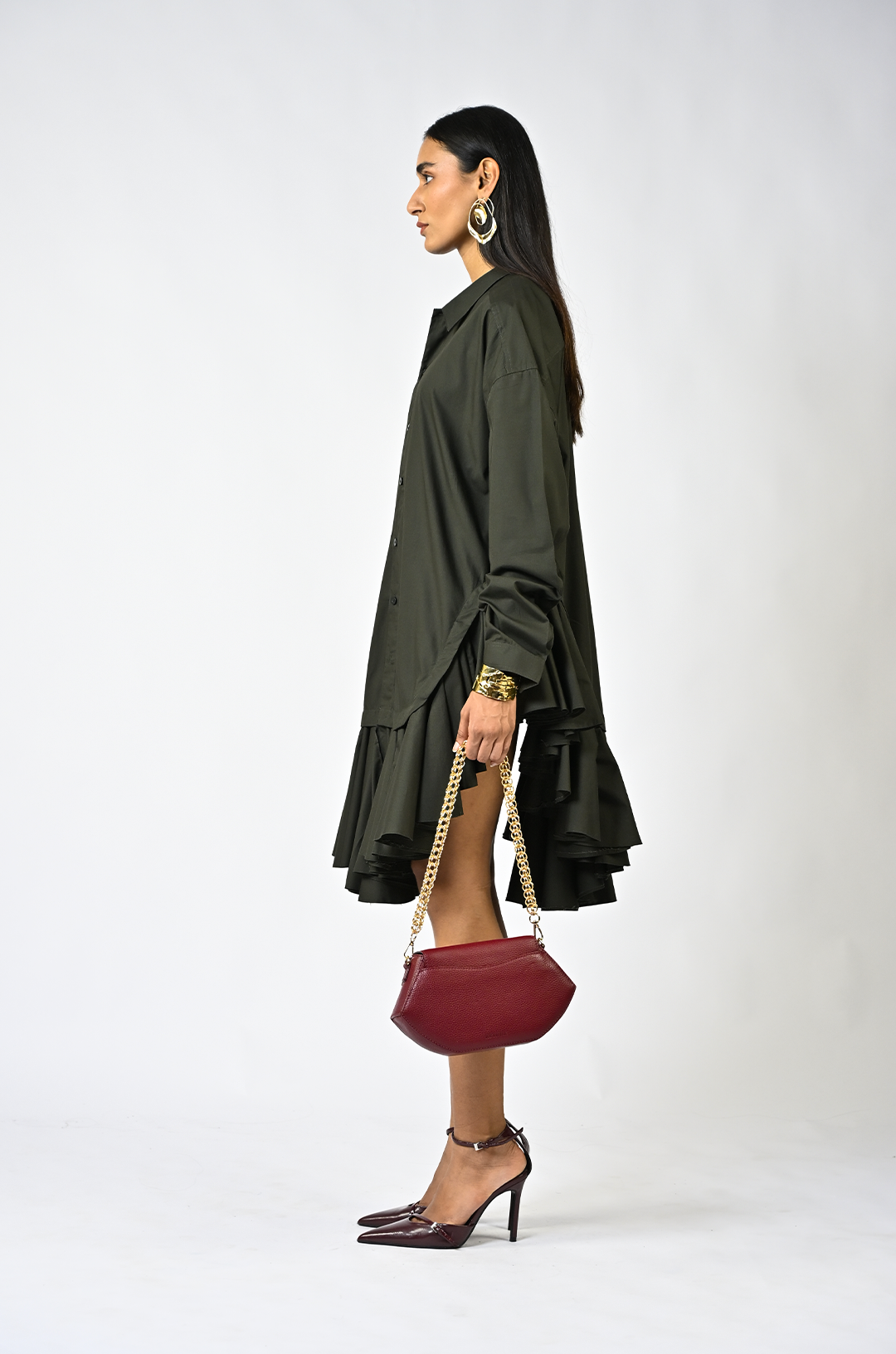 Plain ruffle-edged shirt dress