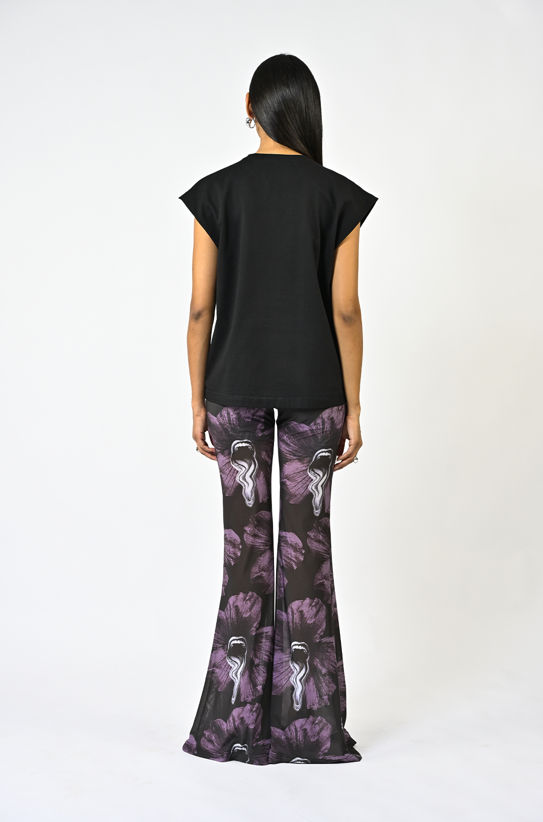 Hand-embroidered canine top with hanging silk threads (Women's) - Black