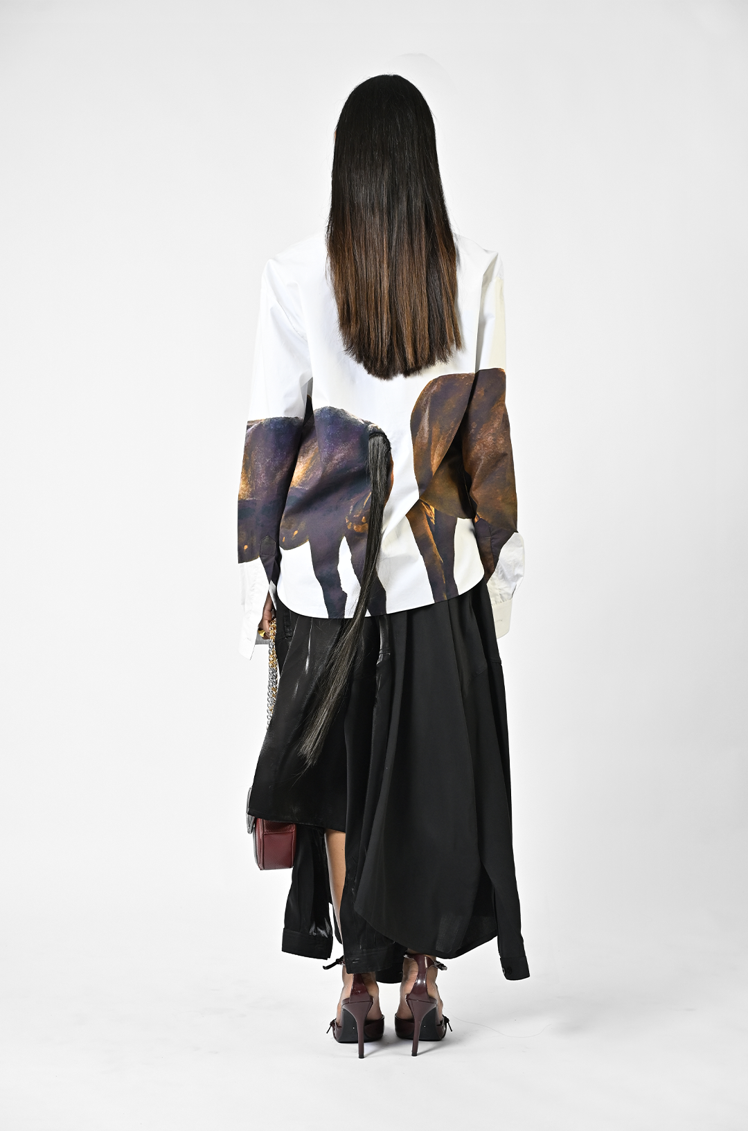 Horse printed cotton shirt with hanging silk threads and synthetic hair