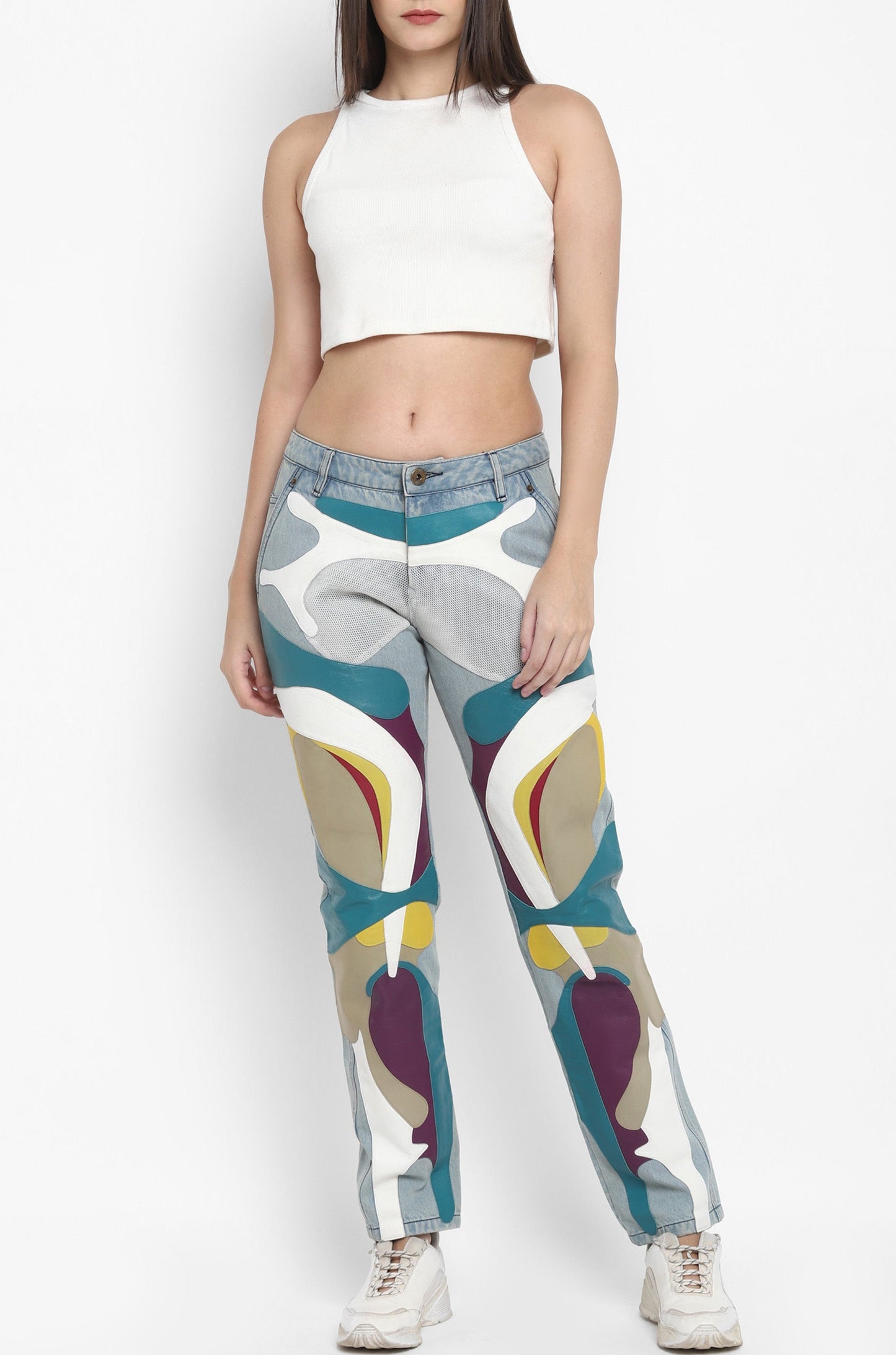 Panelled Multi-Material Jeans (Light Washed Blue)