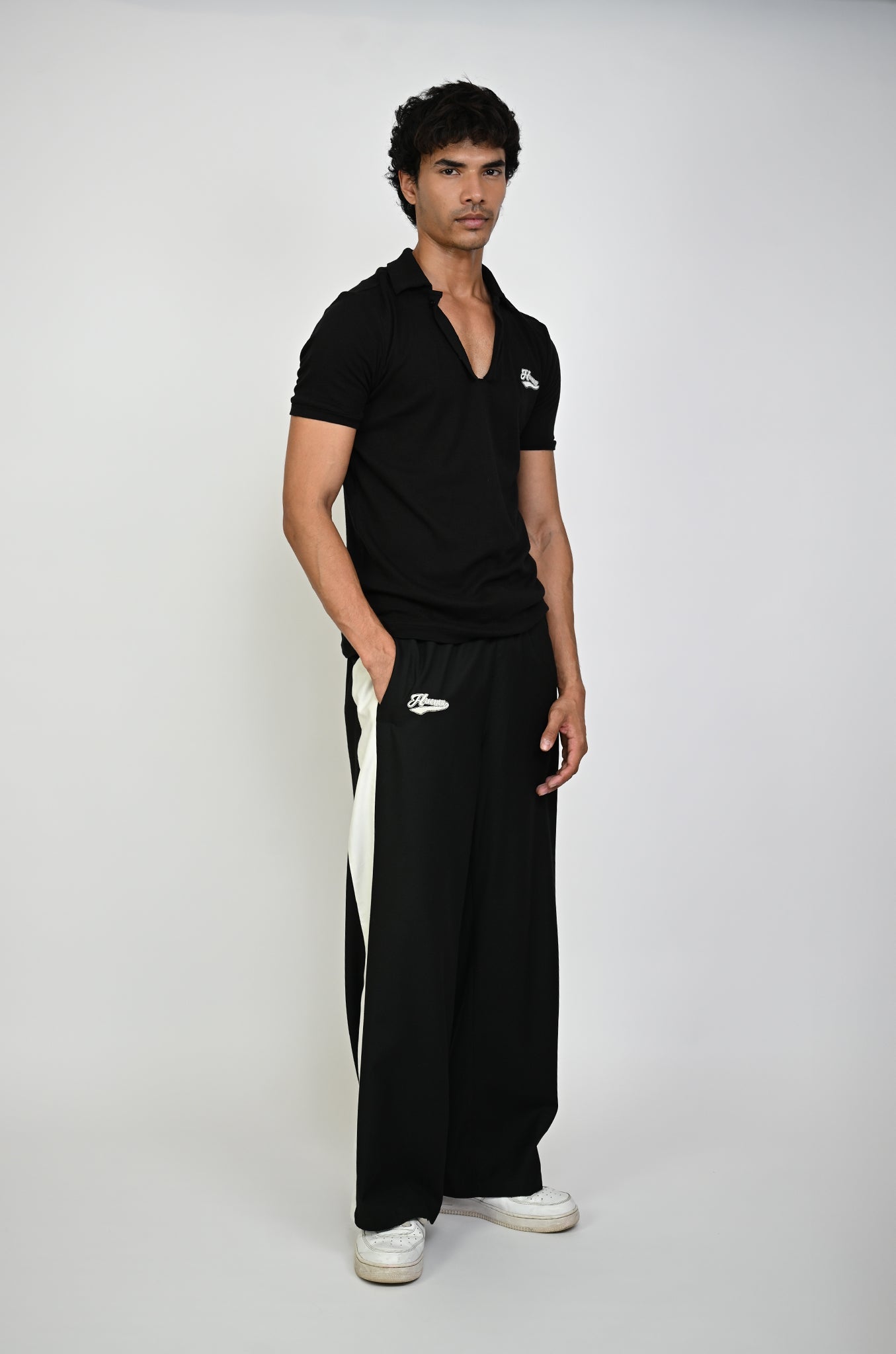 Polo T-shirt with deconstructed detail (Men's)-Black