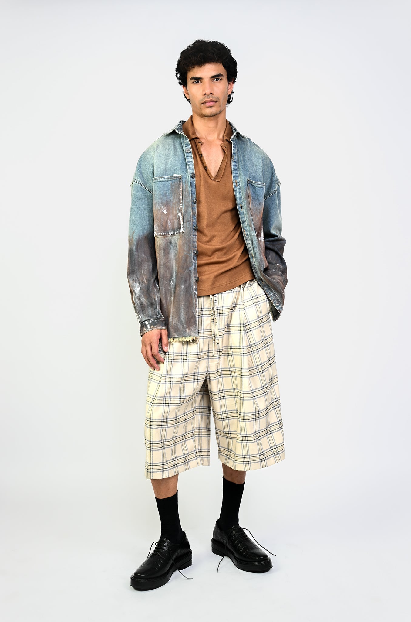 Polo T-shirt with deconstructed detail (Men's)-Brown