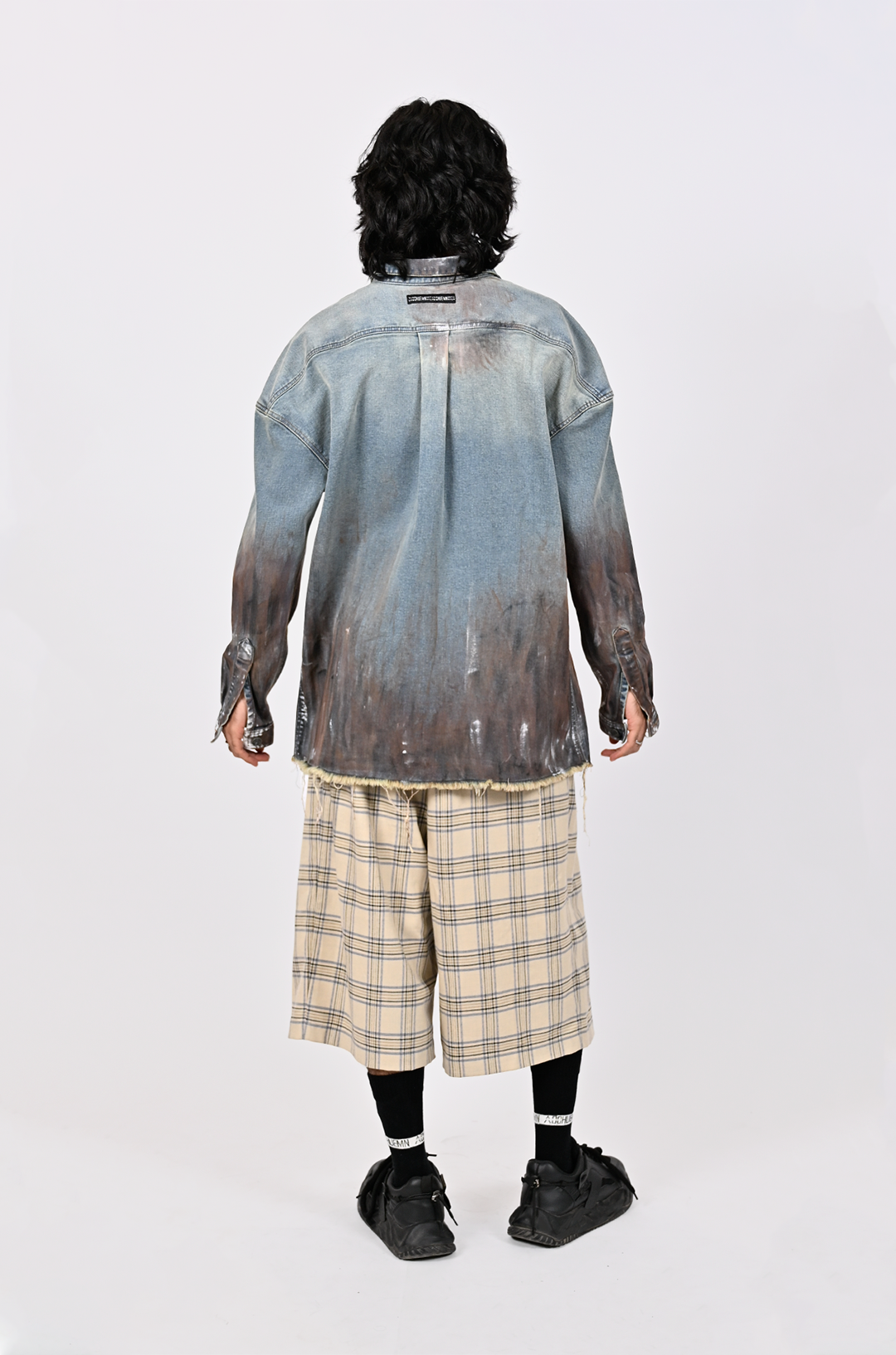 Oversized unisex denim shirt  with hand-painted whitewash surface (Indigo)