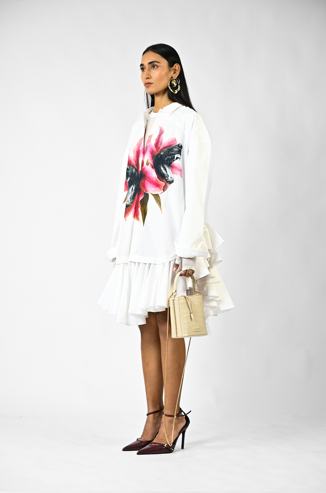 Fanged floral printed ruffle-edged shirt dress