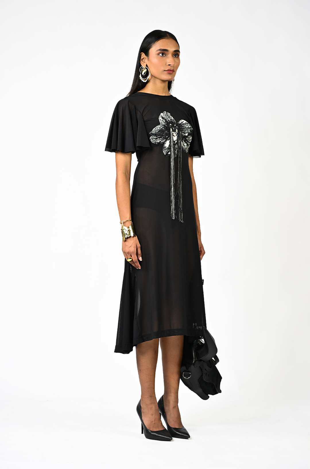 Sculpted black hand-embroidered lycra dress