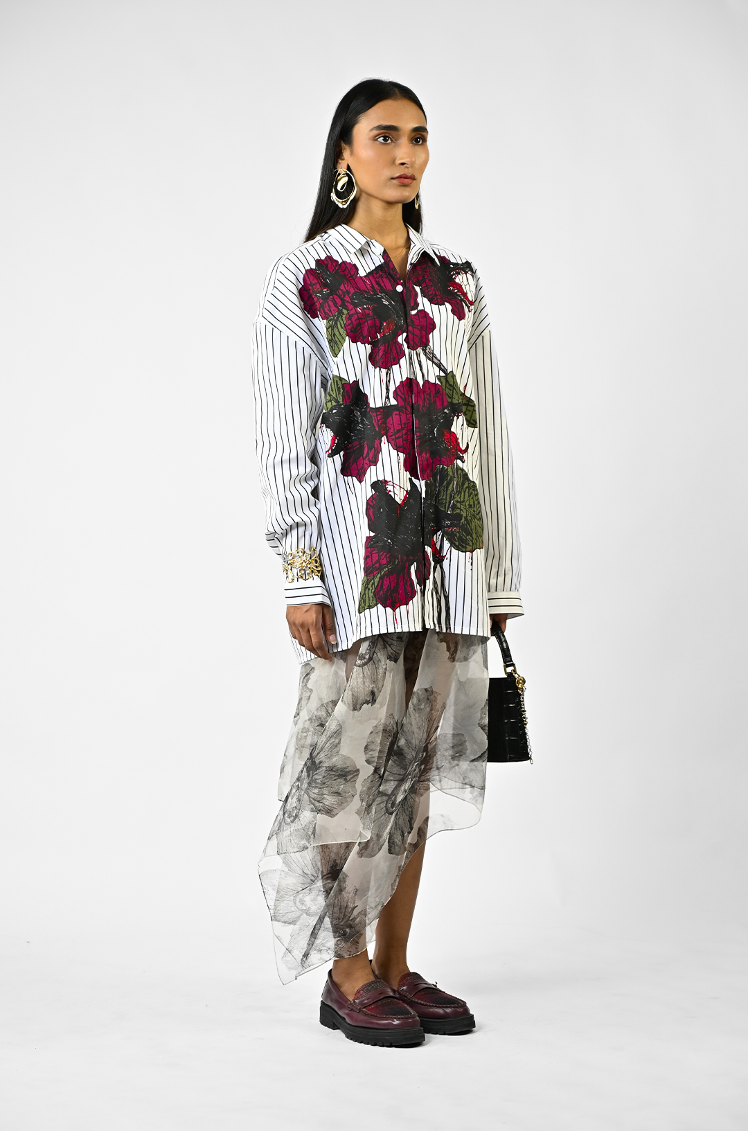 Fanged floral pinstriped cotton shirt