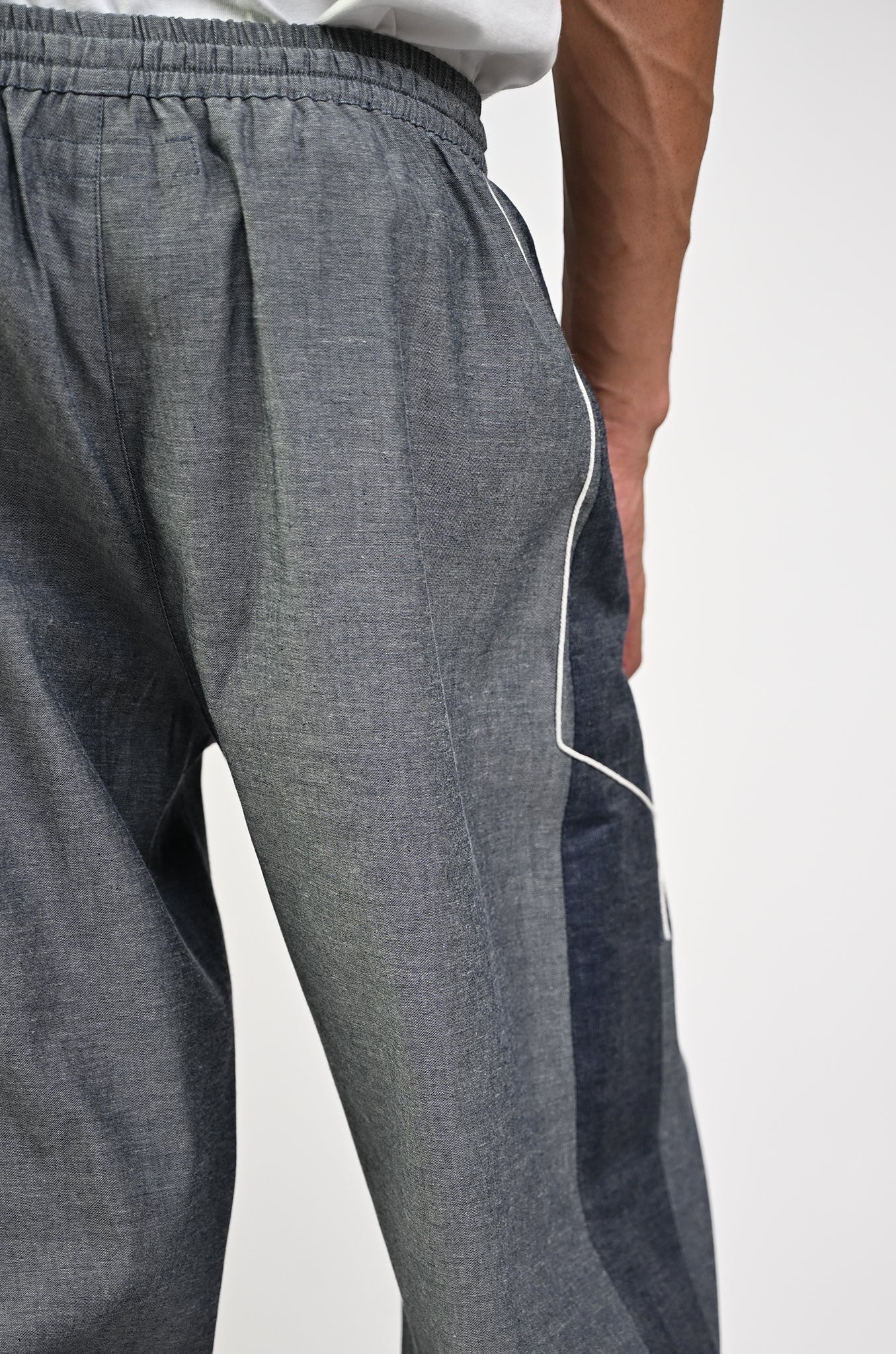Embroidered denim trackpant with panelled detail (Indigo)