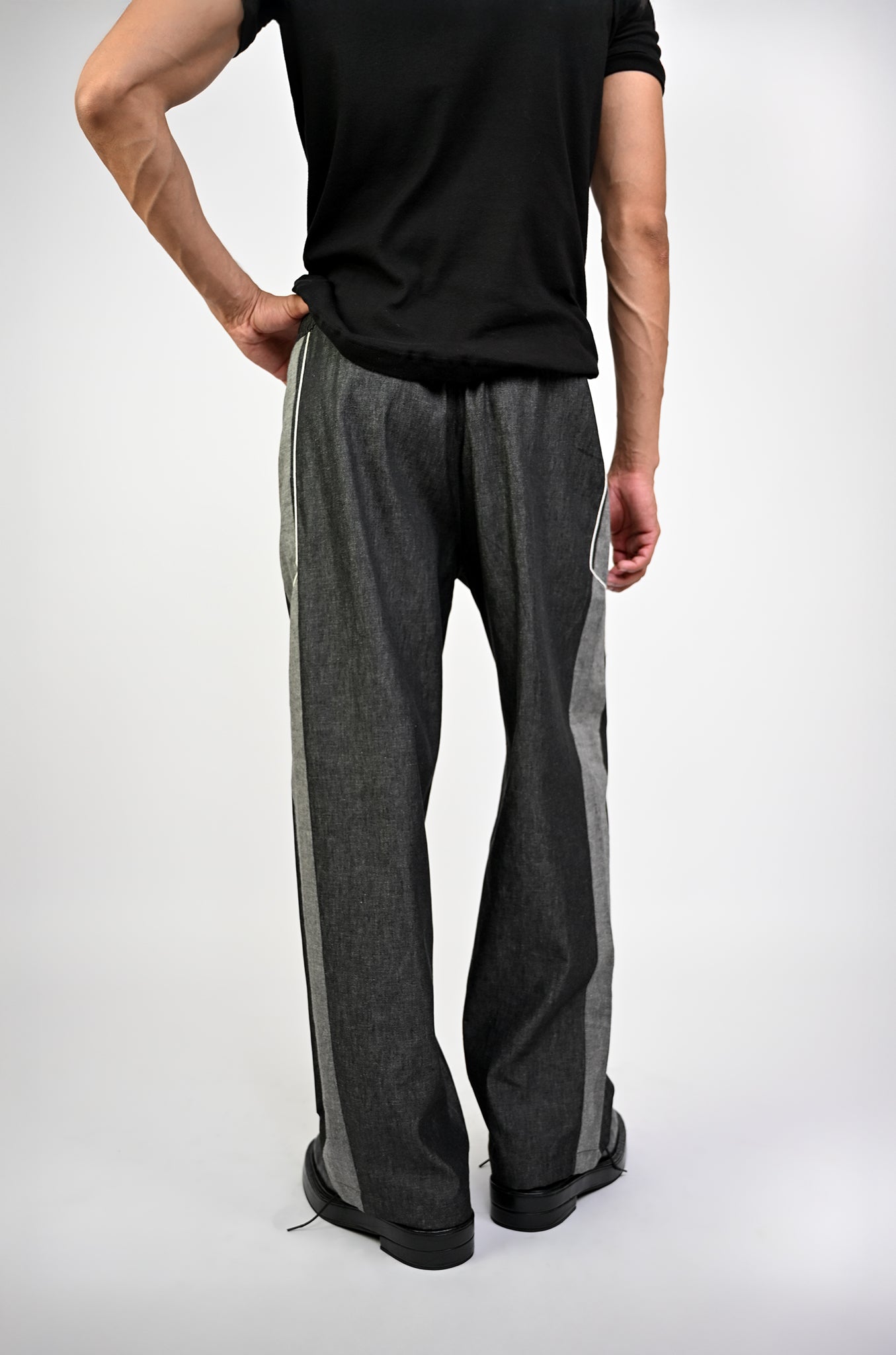 Embroidered denim trackpant with panelled detail (Black)